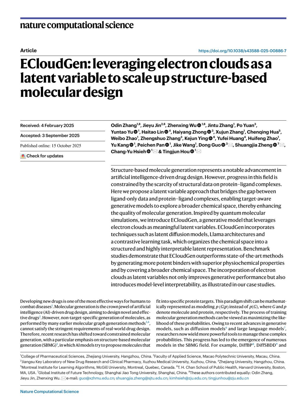 Ecloudgen Leveraging Electron Clouds As A Latent Variable To Scale Up Structurebased Molecular Design Odin Zhang Jieyu Jin Zhenxing Wu Jintu Zhang Po Yuan Yuntao Yu Haitao Lin Haiyang Zhong Xujun Zhang Chenqing Hua Weibo Zhao Zhengshuo Zhang Kejun Ying Yufei Huang Huifeng Zhao Yu Kang Peichen Pan Jike Wang Dong Guo