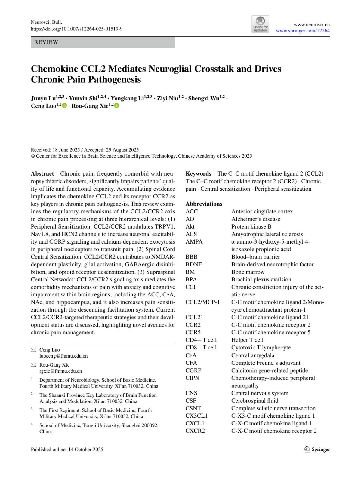 Chemokine Ccl2 Mediates Neuroglial Crosstalk And Drives Chronic Pain Pathogenesis Junyu Lu Yunxin Shi Yongkang Li Ziyi Niu Shengxi Wu Ceng Luo Rougang Xie