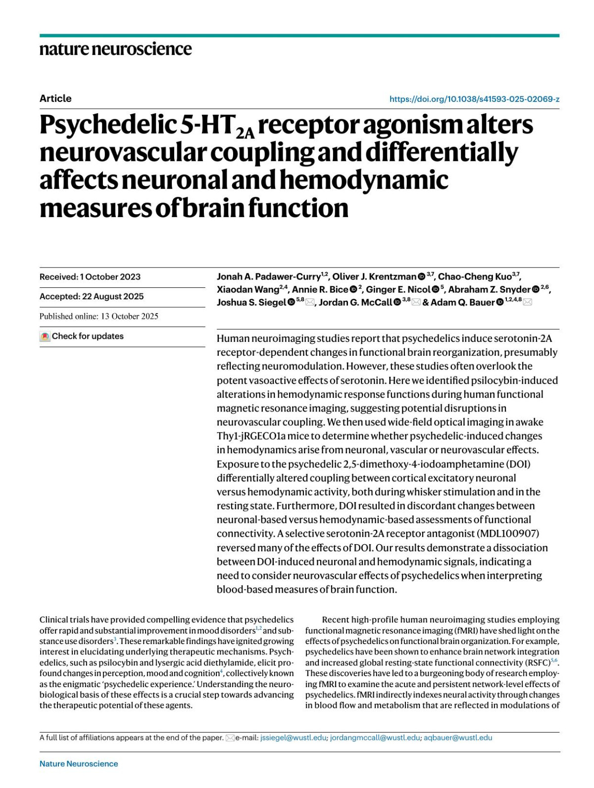 Psychedelic 5ht2a Receptor Agonism Alters Neurovascular Coupling And Differentially Affects Neuronal And Hemodynamic Measures Of Brain Function Jonah A Padawercurry Oliver J Krentzman Chaocheng Kuo Xiaodan Wang Annie R Bice Ginger E Nicol Abraham Z Snyder Joshua S Siegel Jordan G Mccall Adam Q Bauer