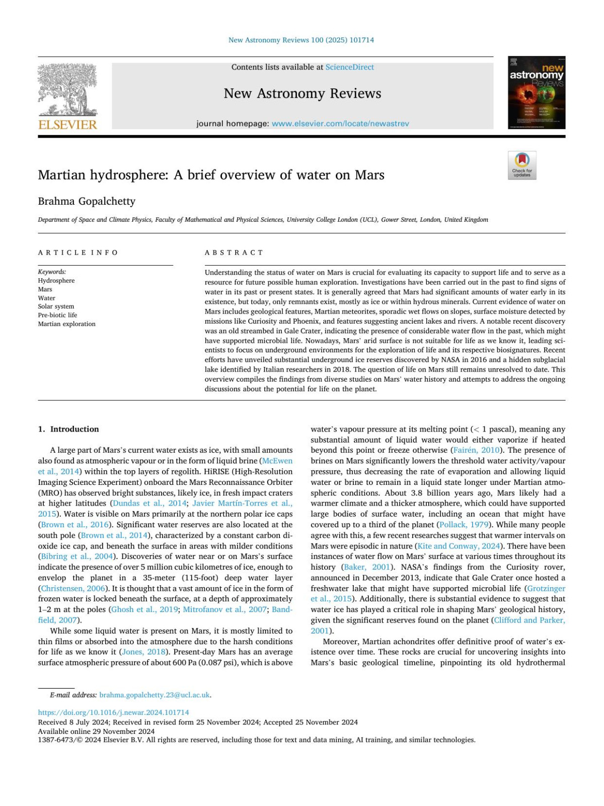 Martian Hydrosphere A Brief Overview Of Water On Mars Brahma Gopalchetty