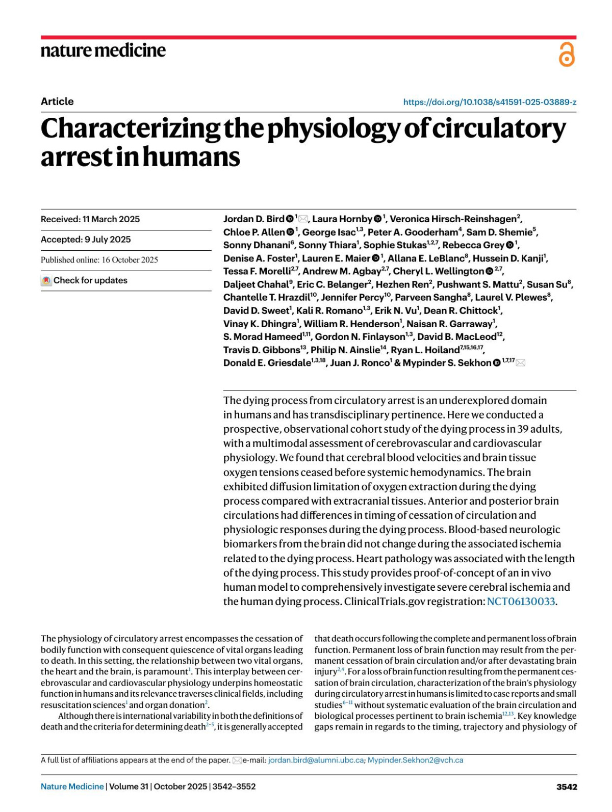 Characterizing The Physiology Of Circulatory Arrest In Humans Jordan D Bird Laura Hornby Veronica Hirschreinshagen Chloe P Allen George Isac Peter A Gooderham Sam D Shemie Sonny Dhanani Sonny Thiara Sophie Stukas Rebecca Grey Denise A Foster Lauren E Maier Allana E Leblanc