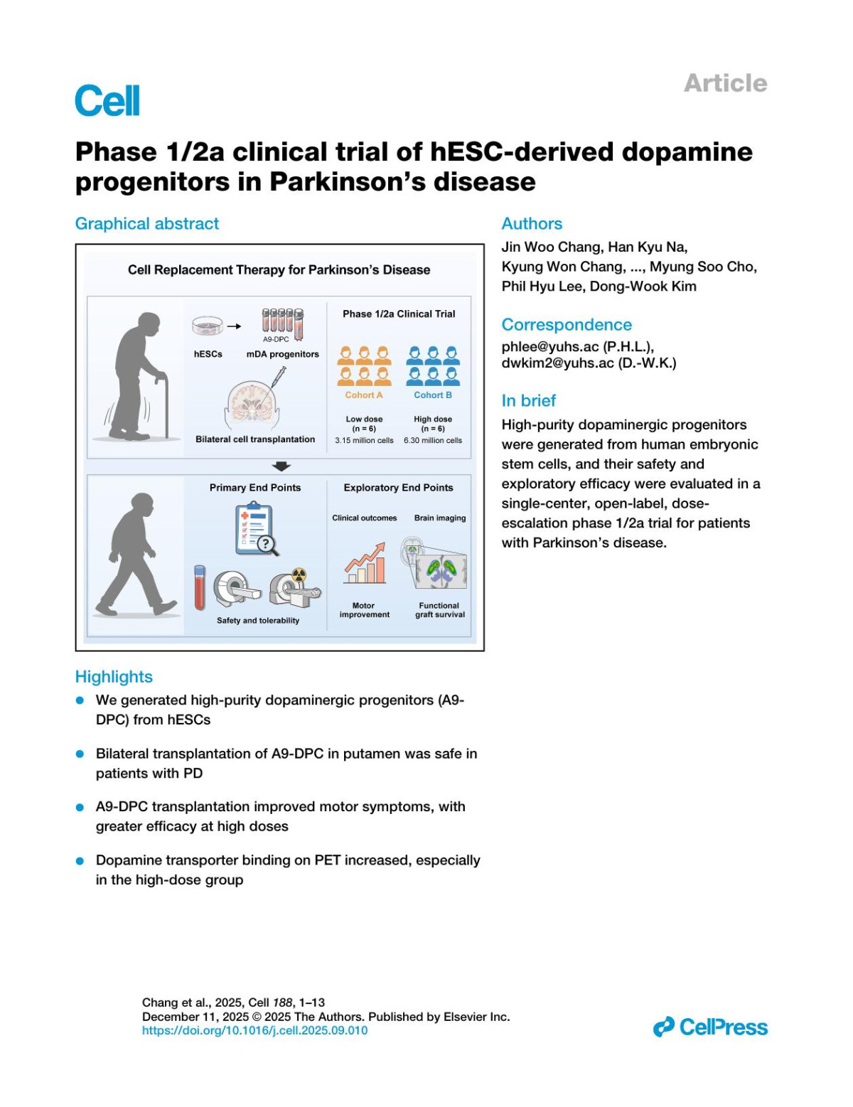 Phase 12a Clinical Trial Of Hescderived Dopamineprogenitors In Parkinsons Disease Jin Woo Chang Han Kyu Na Kyung Won Chang Chan Wook Park Dohun Kim Sanghyun Park Chulyong Park Jang Hyeon Eom Seung Taek Nam Kisang Jo Miyoung Jo Sung Kyoung Choi Hyejin Hur Sarang Kim Minseok Kim Daesung Kim