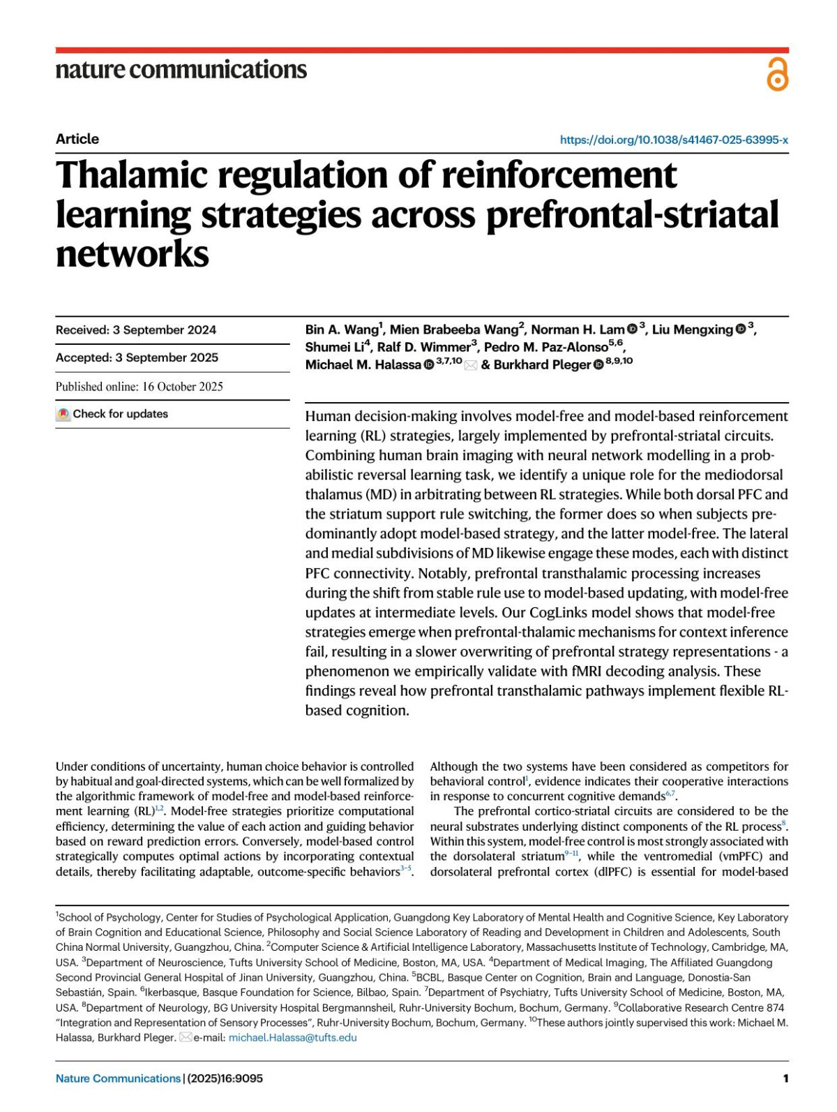 Thalamic Regulation Of Reinforcement Learning Strategies Across Prefrontalstriatal Networks Bin A Wang Mien Brabeeba Wang Norman H Lam Liu Mengxing Shumei Li Ralf D Wimmer Pedro M Pazalonso Michael M Halassa Burkhard Pleger