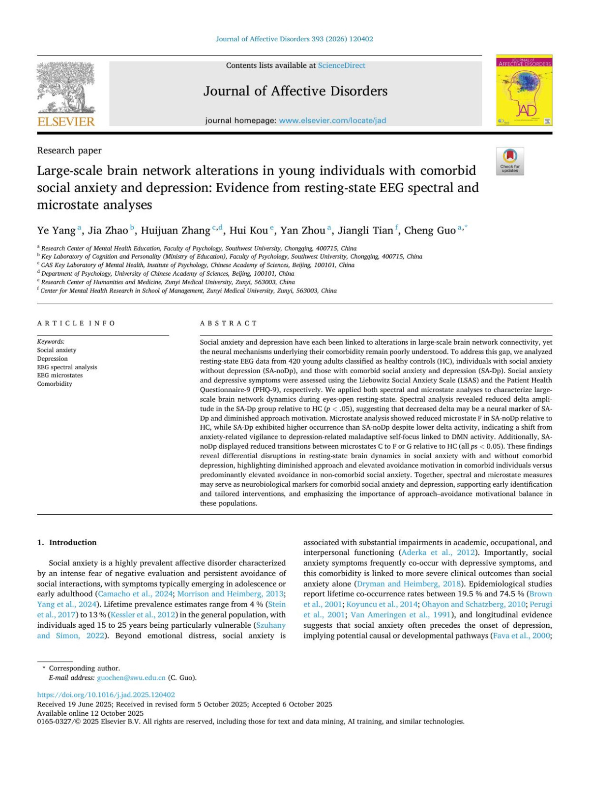 Largescale Brain Network Alterations In Young Individuals With Comorbid Social Anxiety And Depression Evidence From Restingstate Eeg Spectral And Microstate Analyses Ye Yang