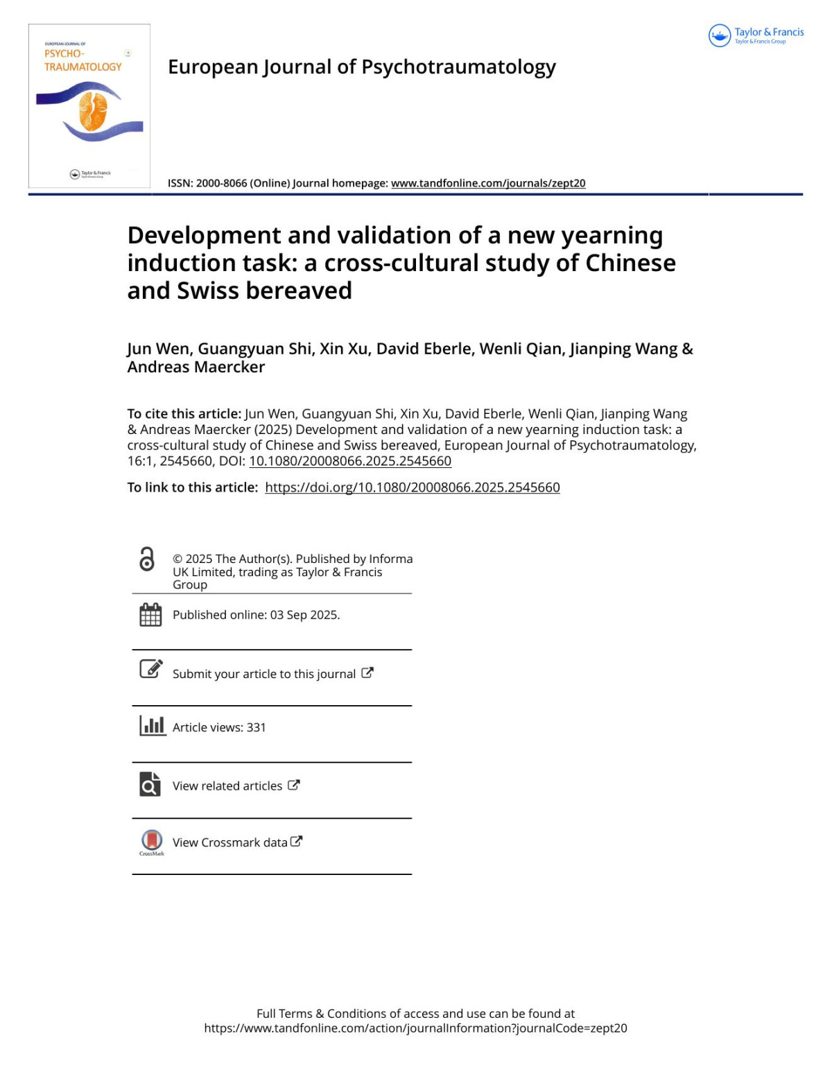 Development And Validation Of A New Yearning Induction Task A Crosscultural Study Of Chinese And Swiss Bereaved Jun Wen Guangyuan Shi Xin Xu David Eberle Wenli Qian Jianping Wang Andreas Maercker