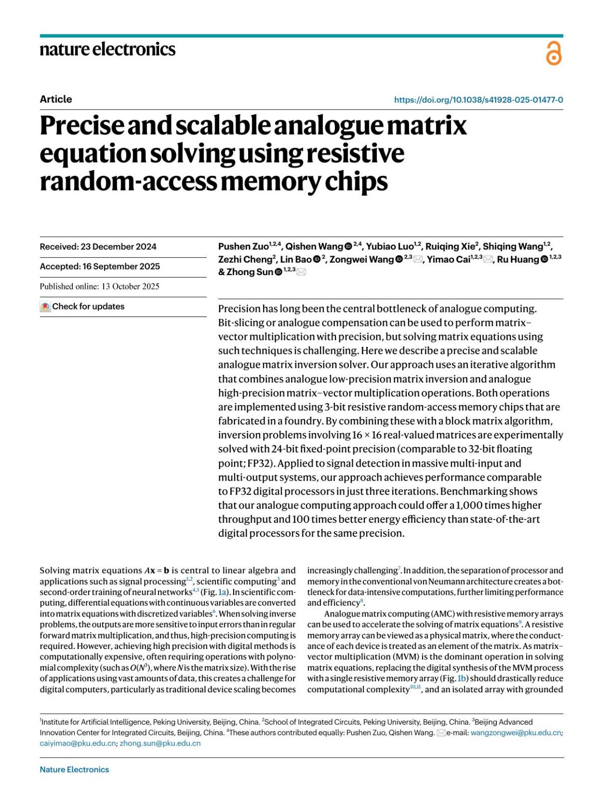 Precise And Scalable Analogue Matrix Equation Solving Using Resistive Randomaccess Memory Chips Pushen Zuo Qishen Wang Yubiao Luo Ruiqing Xie Shiqing Wang Zezhi Cheng Lin Bao Zongwei Wang Yimao Cai Ru Huang Zhong Sun