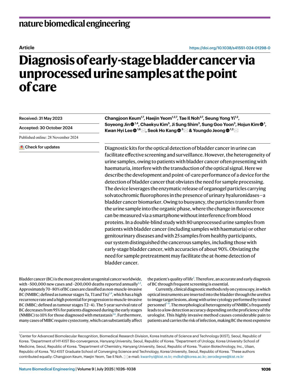 Diagnosis Of Earlystage Bladder Cancer Via Unprocessed Urine Samples At The Point Of Care Changjoon Keum Haejin Yeom Tae Il Noh Seung Yong Yi Soyeong Jin Chaekyu Kim Ji Sung Shim Sung Goo Yoon Hojun Kim Kwan Hyi Lee Seok Ho Kang Youngdo Jeong