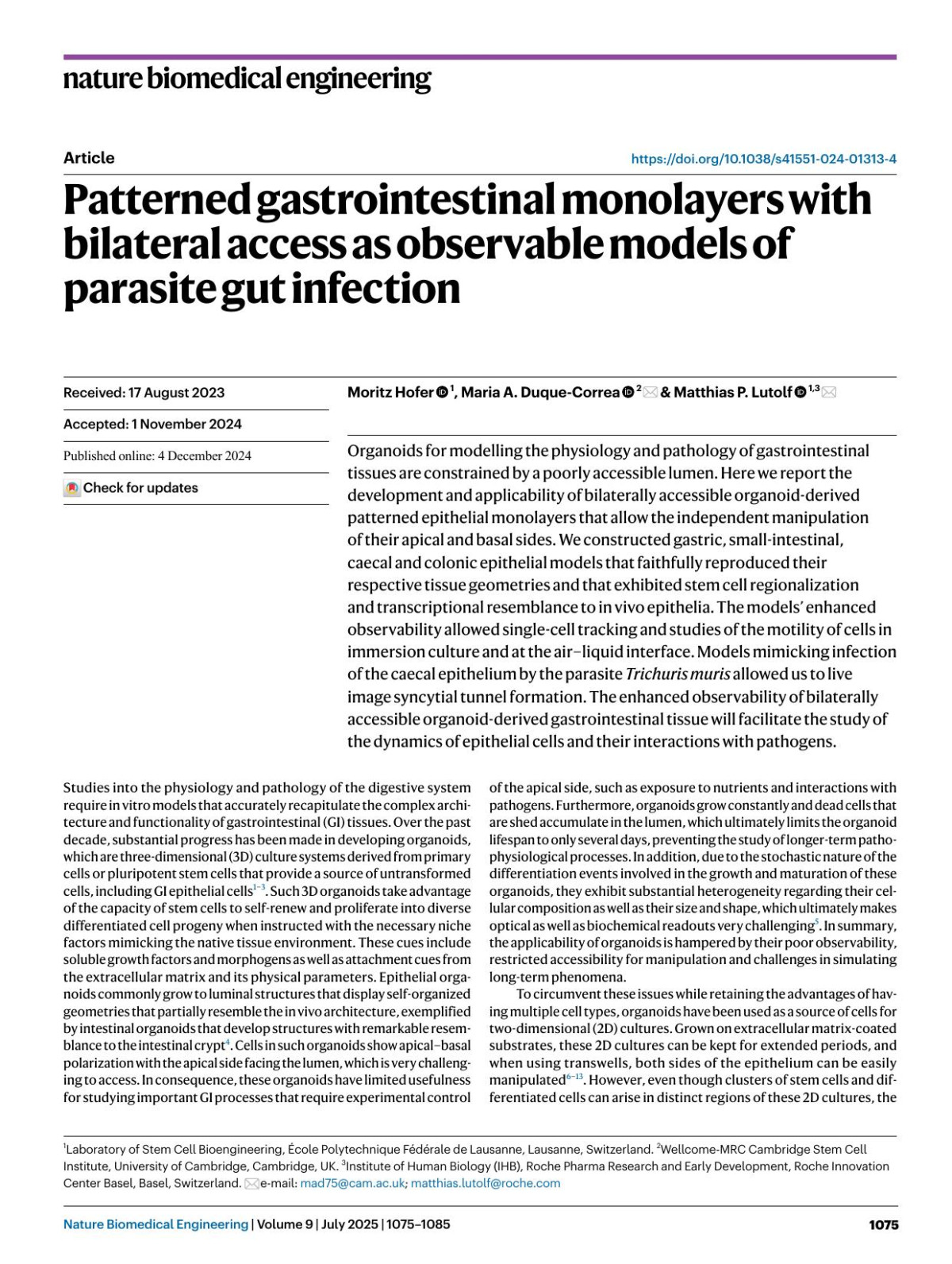 Patterned Gastrointestinal Monolayers With Bilateral Access As Observable Models Of Parasite Gut Infection Moritz Hofer Maria A Duquecorrea Matthias P Lutolf