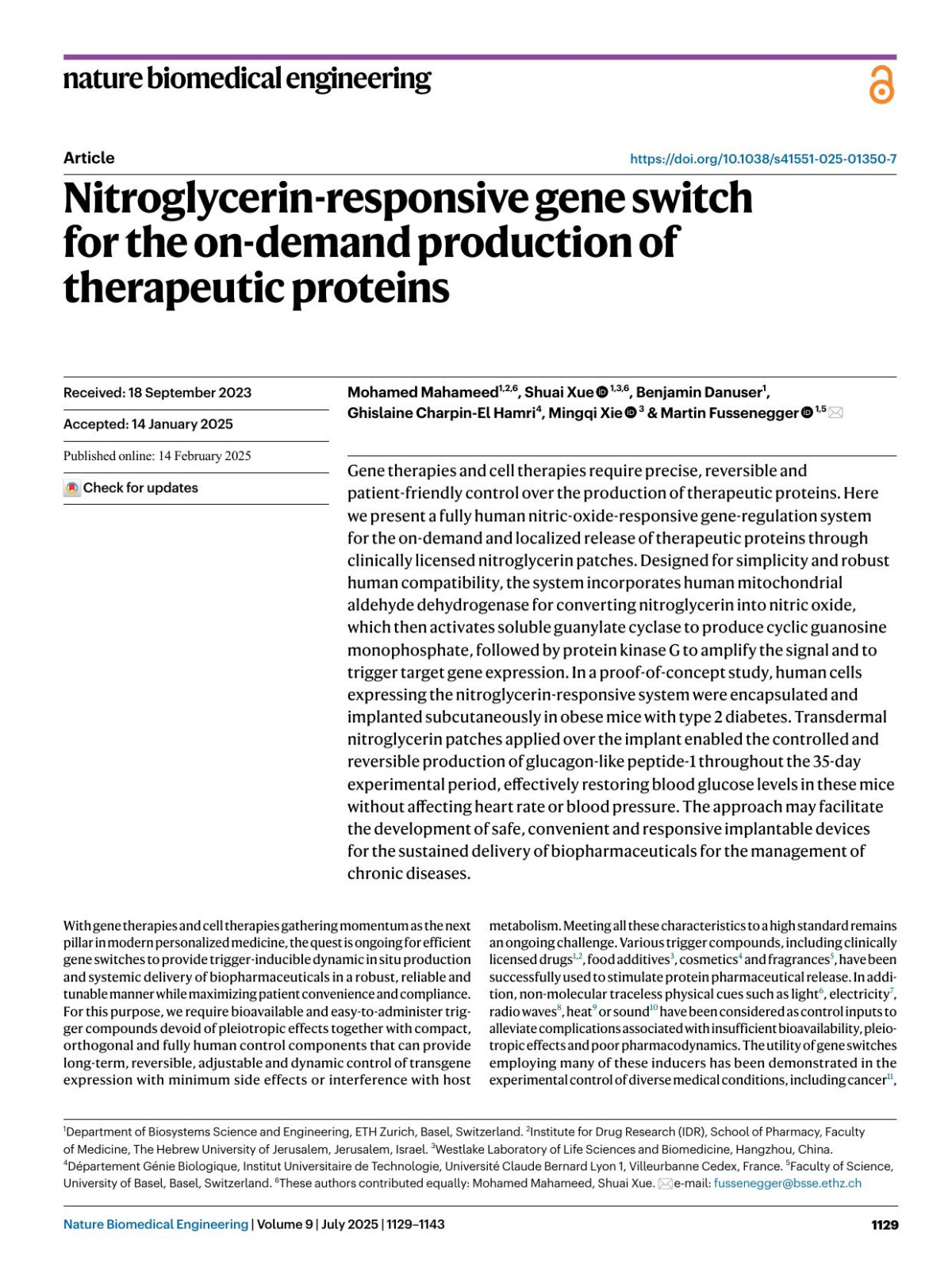 Nitroglycerinresponsive Gene Switch For The Ondemand Production Of Therapeutic Proteins Mohamed Mahameed Shuai Xue Benjamin Danuser Ghislaine Charpinel Hamri Mingqi Xie Martin Fussenegger