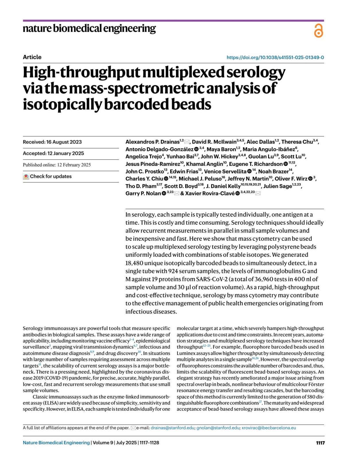 Highthroughput Multiplexed Serology Via The Massspectrometric Analysis Of Isotopically Barcoded Beads Alexandros P Drainas David R Mcilwain Alec Dallas Theresa Chu Antonio Delgadogonzález Maya Baron Maria Anguloibáñez Angelica Trejo Yunhao Bai John W Hickey Guolan Lu Scott Lu Jesus Pinedaramirez Khamal Anglin Eugene T