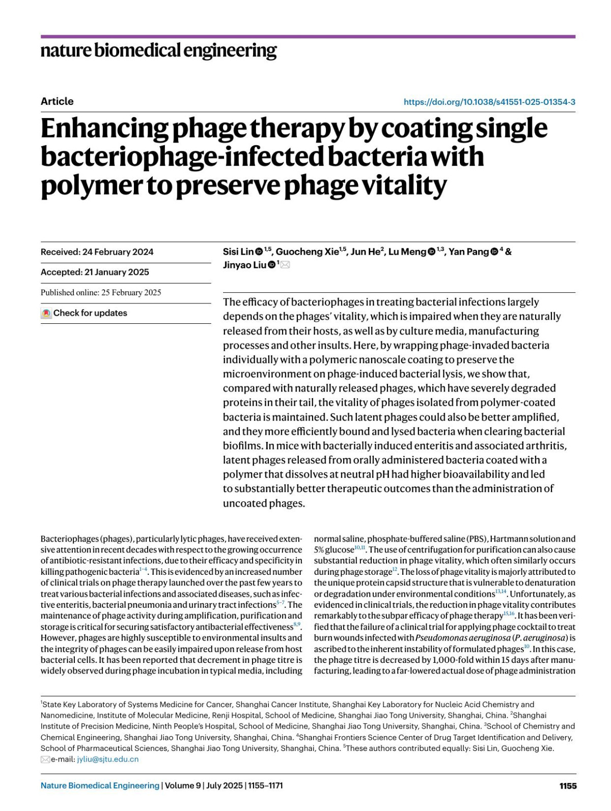 Enhancing Phage Therapy By Coating Single Bacteriophageinfected Bacteria With Polymer To Preserve Phage Vitality Sisi Lin Guocheng Xie Jun He Lu Meng Yan Pang Jinyao Liu