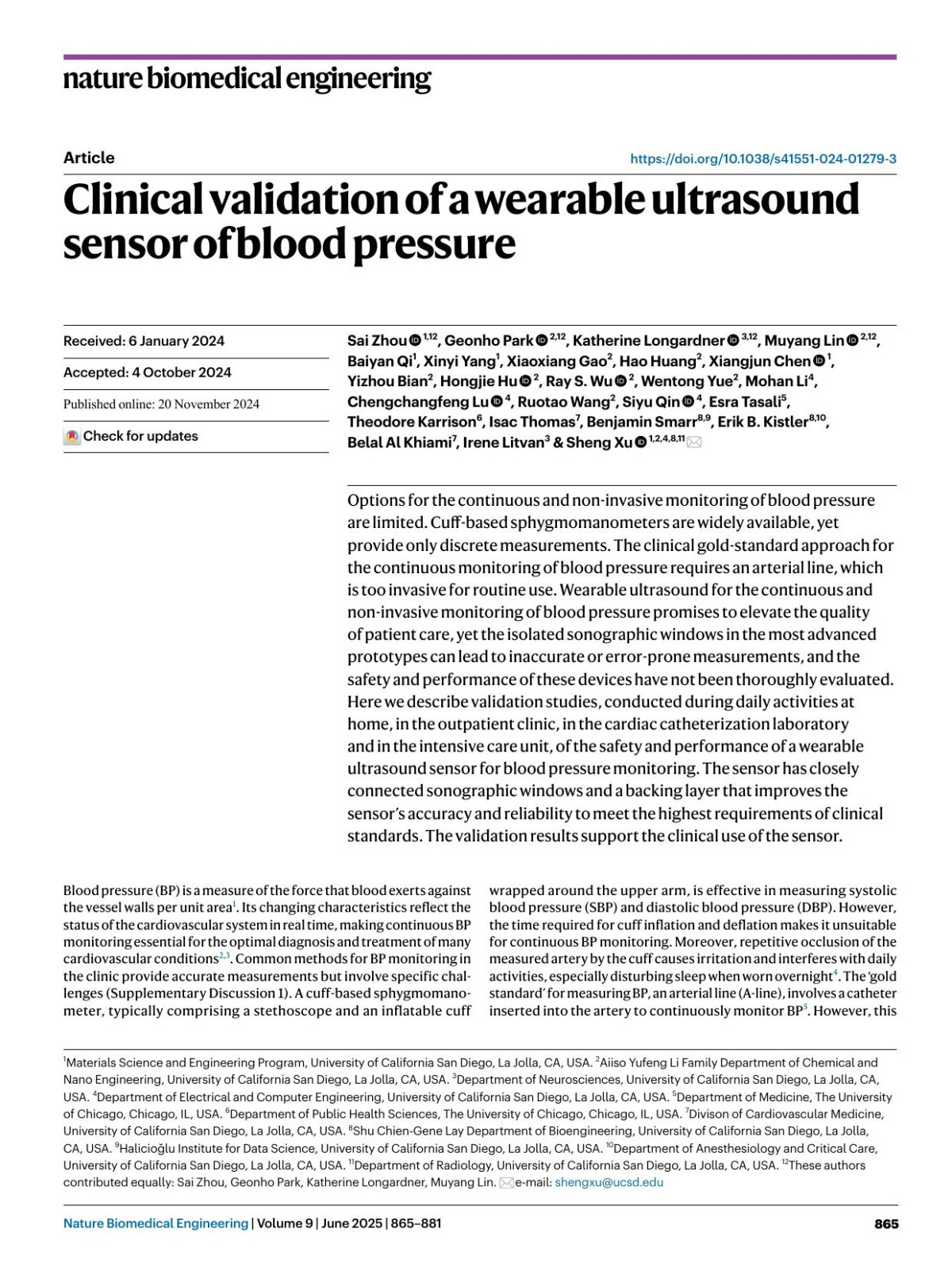 Clinical Validation Of A Wearable Ultrasound Sensor Of Blood Pressure Sai Zhou Geonho Park Katherine Longardner Muyang Lin Baiyan Qi Xinyi Yang Xiaoxiang Gao Hao Huang Xiangjun Chen Yizhou Bian Hongjie Hu Ray S Wu Wentong Yue Mohan Li Chengchangfeng Lu Ruotao Wang Siyu Qin Esra Tasali