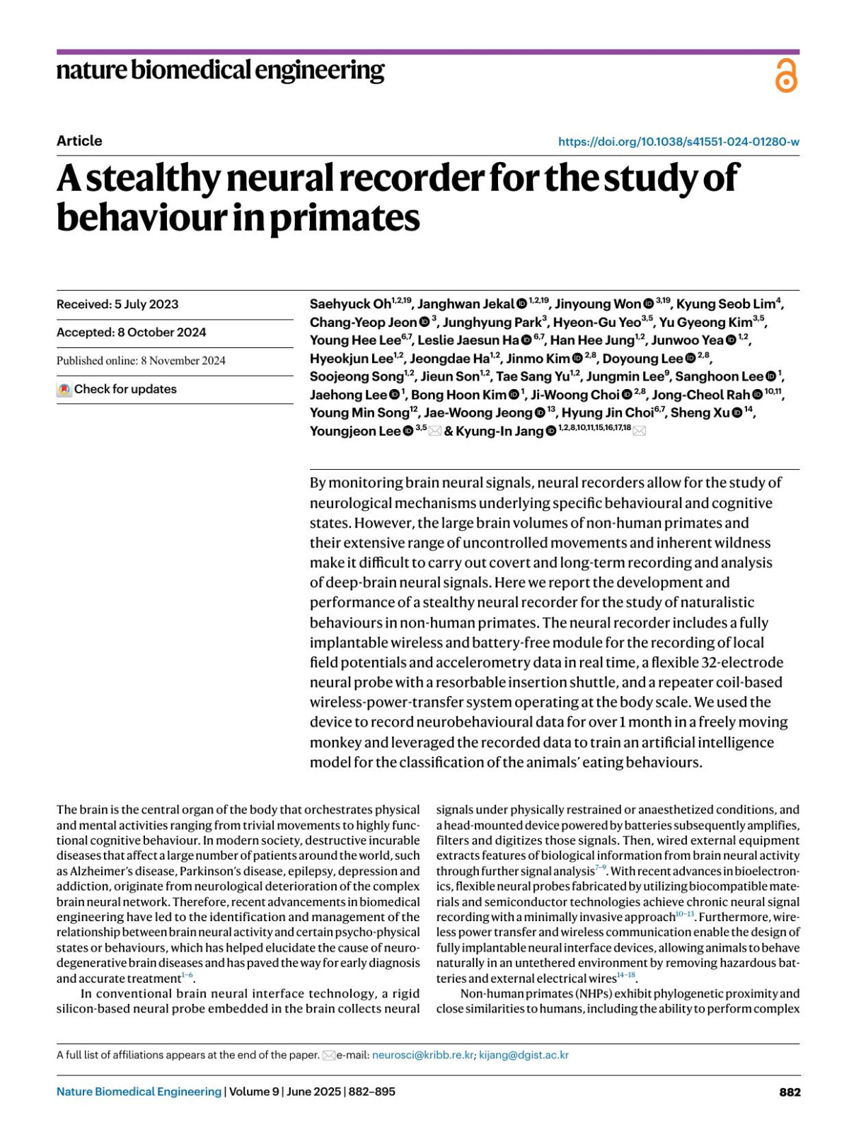 A Stealthy Neural Recorder For The Study Of Behaviour In Primates Saehyuck Oh Janghwan Jekal Jinyoung Won Kyung Seob Lim Changyeop Jeon Junghyung Park Hyeongu Yeo Yu Gyeong Kim Young Hee Lee Leslie Jaesun Ha Han Hee Jung Junwoo Yea Hyeokjun Lee Jeongdae Ha Jinmo Kim Doyoung Lee
