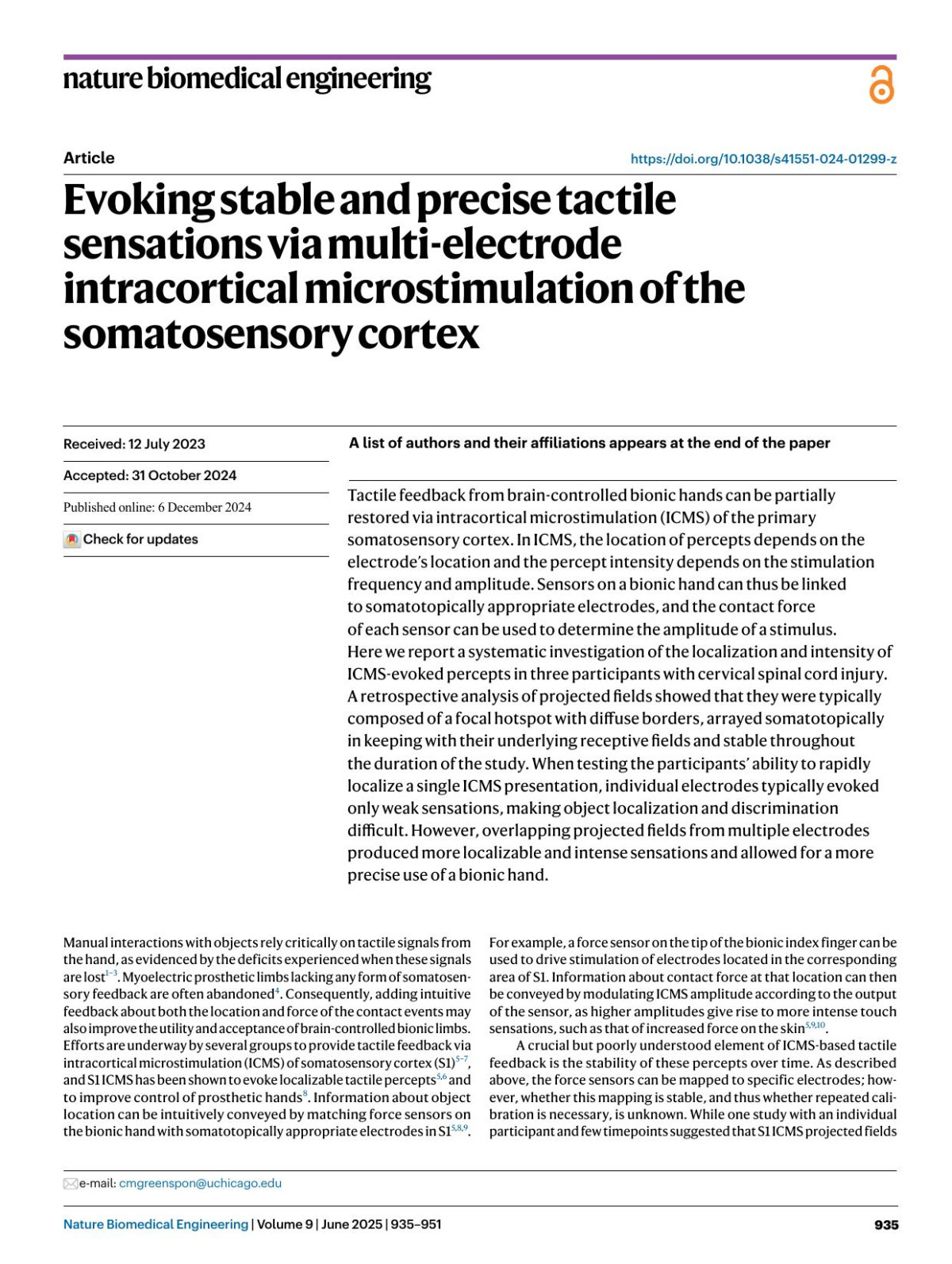 Evoking Stable And Precise Tactile Sensations Via Multielectrode Intracortical Microstimulation Of The Somatosensory Cortex Charles M Greenspon Giacomo Valle Natalya D Shelchkova Taylor G Hobbs Ceci Verbaarschot Thierri Callier Ev I Bergerwolf Elizaveta V Okorokova Brianna C Hutchison Efe Dogruoz Anton R Sobinov Patrick M Jordan Jeffrey M