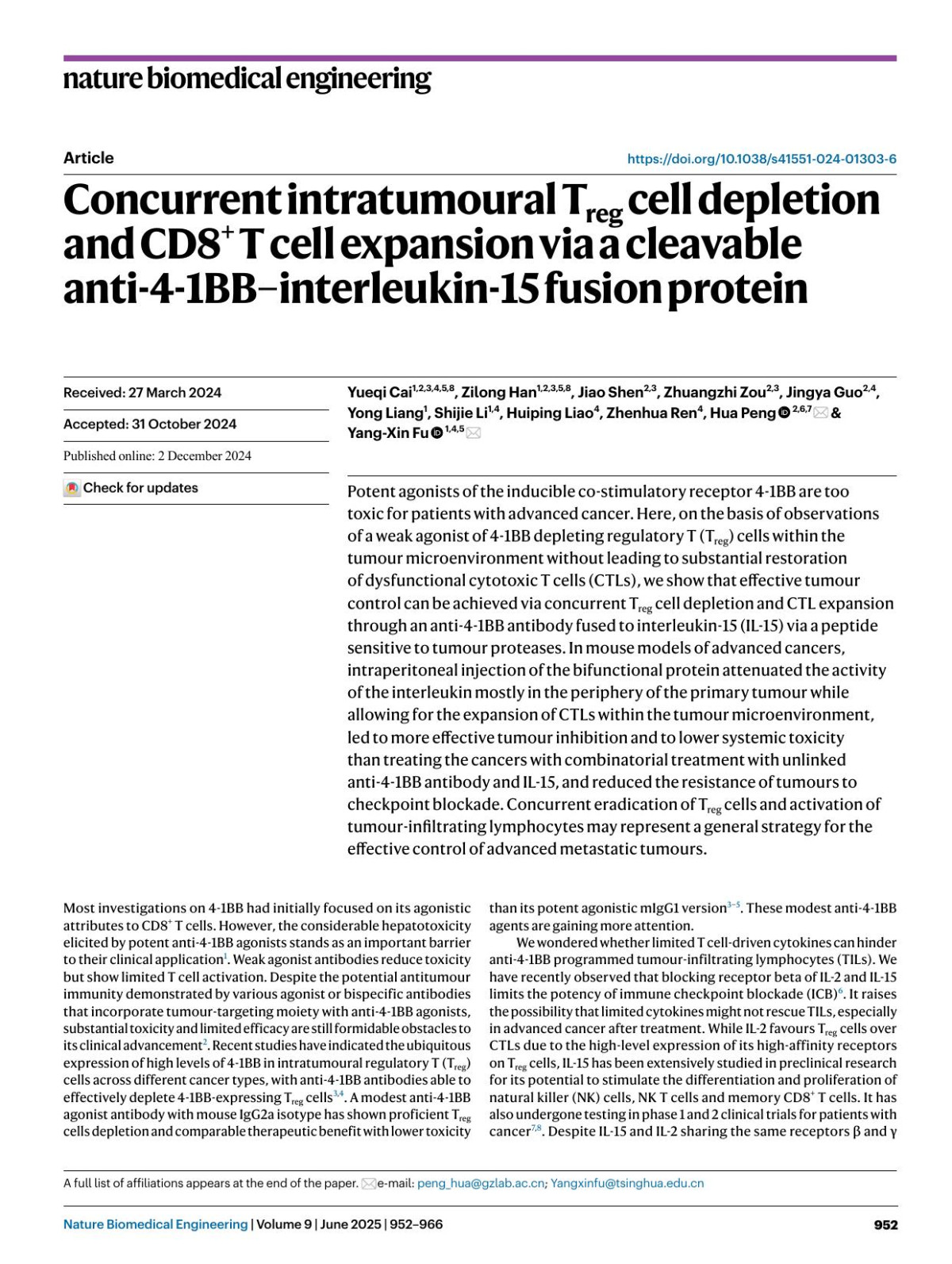 Concurrent Intratumoural Treg Cell Depletion And Cd8 T Cell Expansion Via A Cleavable Anti41bbinterleukin15 Fusion Protein Yueqi Cai Zilong Han Jiao Shen Zhuangzhi Zou Jingya Guo Yong Liang Shijie Li Huiping Liao Zhenhua Ren Hua Peng Yangxin Fu