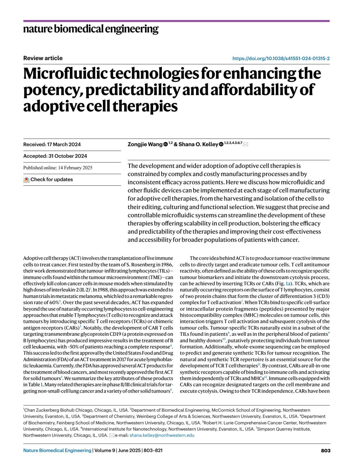 Microfluidic Technologies For Enhancing The Potency Predictability And Affordability Of Adoptive Cell Therapies Zongjie Wang Shana O Kelley