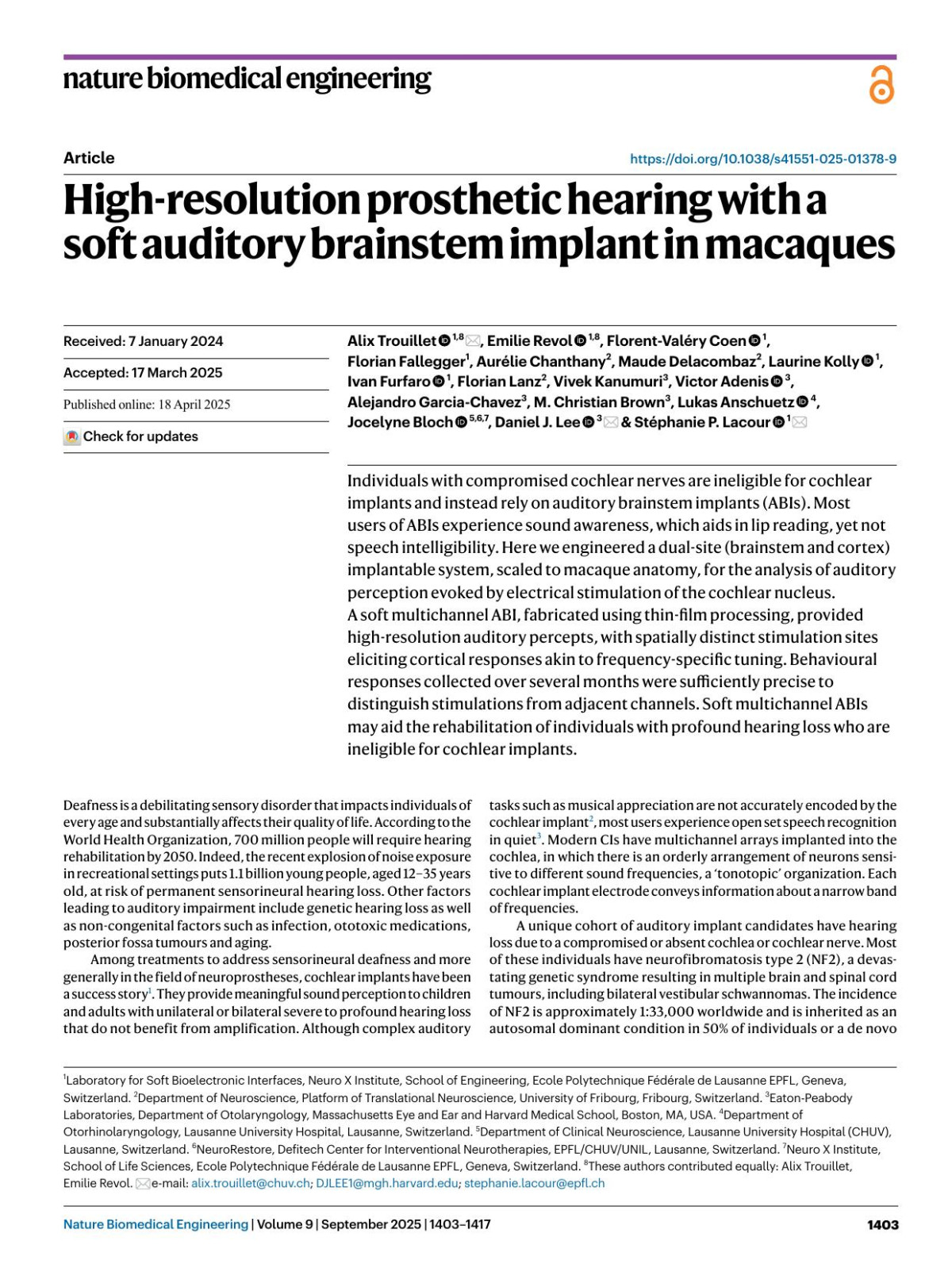 Highresolution Prosthetic Hearing With A Soft Auditory Brainstem Implant In Macaques Alix Trouillet Emilie Revol Florentvaléry Coen Florian Fallegger Aurélie Chanthany Maude Delacombaz Laurine Kolly Ivan Furfaro Florian Lanz Vivek Kanumuri Victor Adenis Alejandro Garciachavez M Christian Brown Lukas