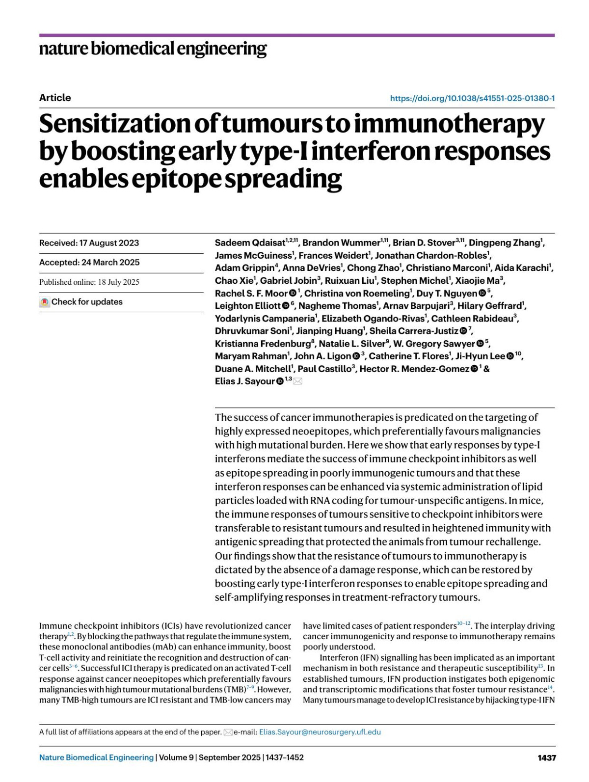 Sensitization Of Tumours To Immunotherapy By Boosting Early Typei Interferon Responses Enables Epitope Spreading Sadeem Qdaisat Brandon Wummer Brian D Stover Dingpeng Zhang James Mcguiness Frances Weidert Jonathan Chardonrobles Adam Grippin Anna Devries Chong Zhao Christiano Marconi Aida Karachi Chao Xie Gabriel Jobin Ruixuan Liu