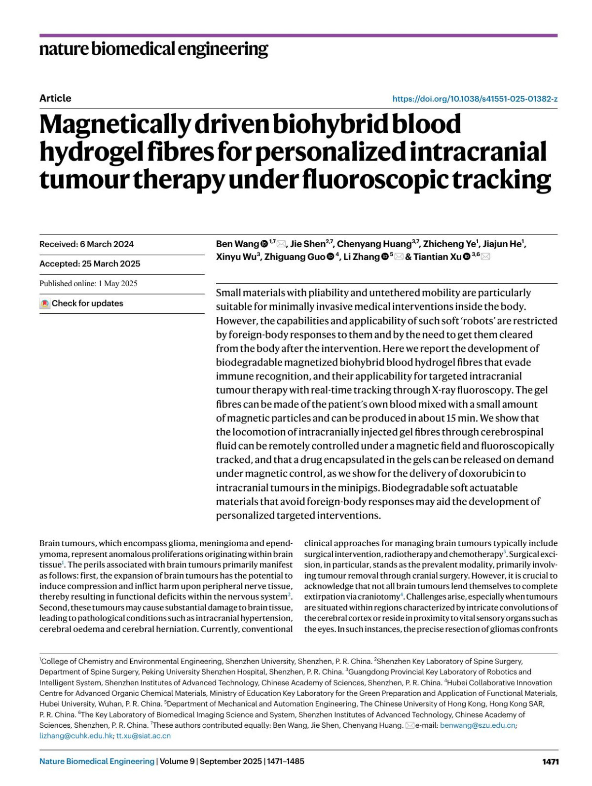 Magnetically Driven Biohybrid Blood Hydrogel Fibres For Personalized Intracranial Tumour Therapy Under Fluoroscopic Tracking Ben Wang Jie Shen Chenyang Huang Zhicheng Ye Jiajun He Xinyu Wu Zhiguang Guo Li Zhang Tiantian Xu
