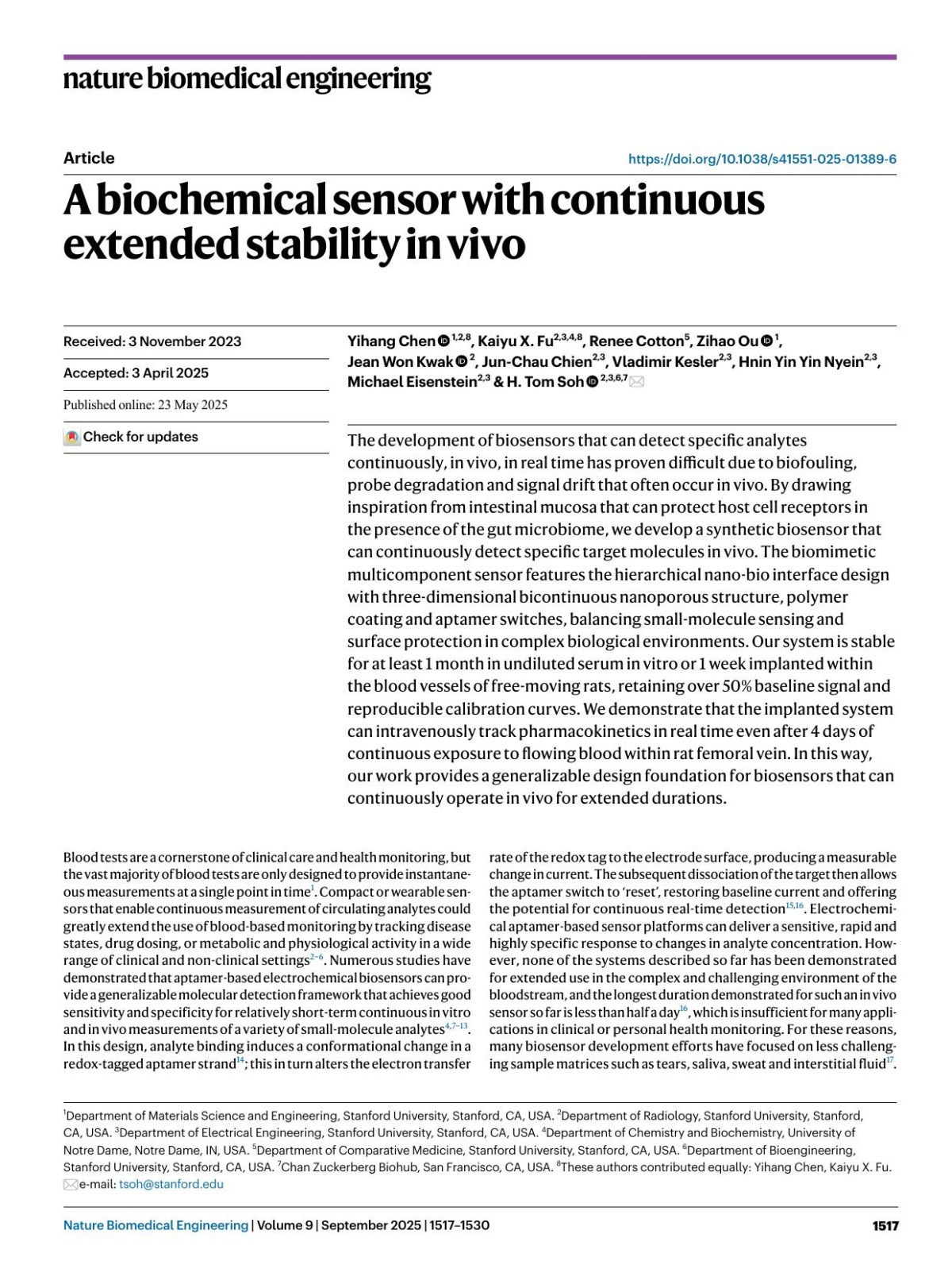 A Biochemical Sensor With Continuous Extended Stability In Vivo Yihang Chen Kaiyu X Fu Renee Cotton Zihao Ou Jean Won Kwak Junchau Chien Vladimir Kesler Hnin Yin Yin Nyein Michael Eisenstein H Tom Soh