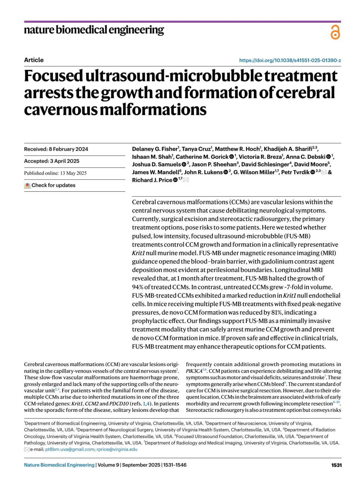 Focused Ultrasoundmicrobubble Treatment Arrests The Growth And Formation Of Cerebral Cavernous Malformations Delaney G Fisher Tanya Cruz Matthew R Hoch Khadijeh A Sharifi Ishaan M Shah Catherine M Gorick Victoria R Breza Anna C Debski Joshua D Samuels Jason P Sheehan David Schlesinger David Moore James W Mandell John R