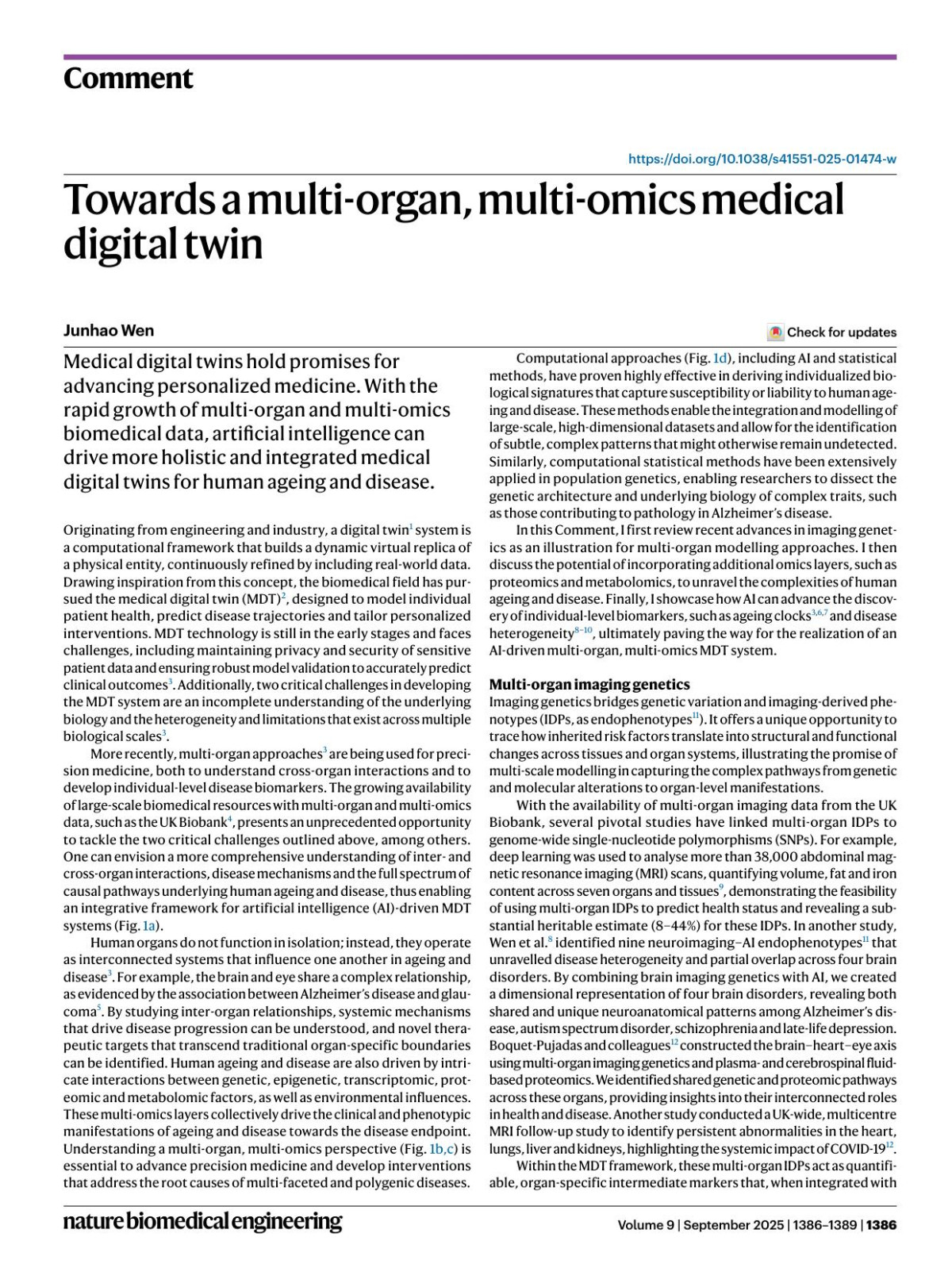 Towards A Multiorgan Multiomics Medical Digital Twin Junhao Wen