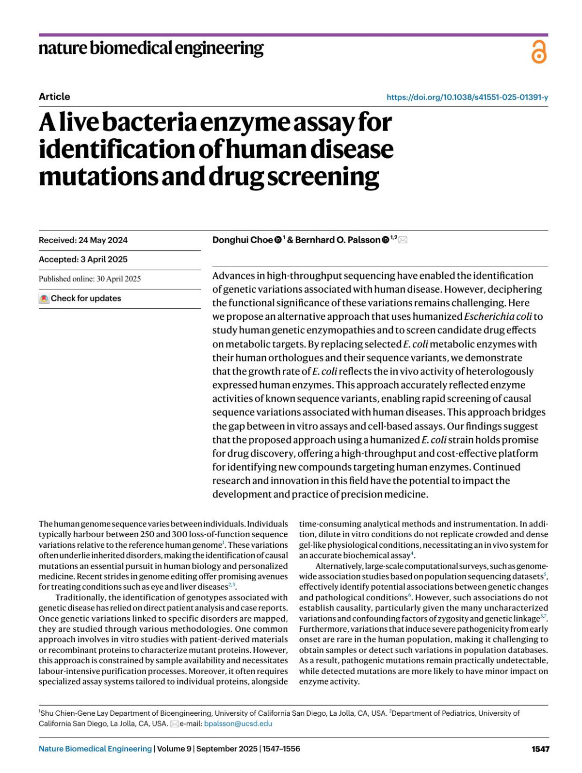 A Live Bacteria Enzyme Assay For Identification Of Human Disease Mutations And Drug Screening Donghui Choe Bernhard O Palsson