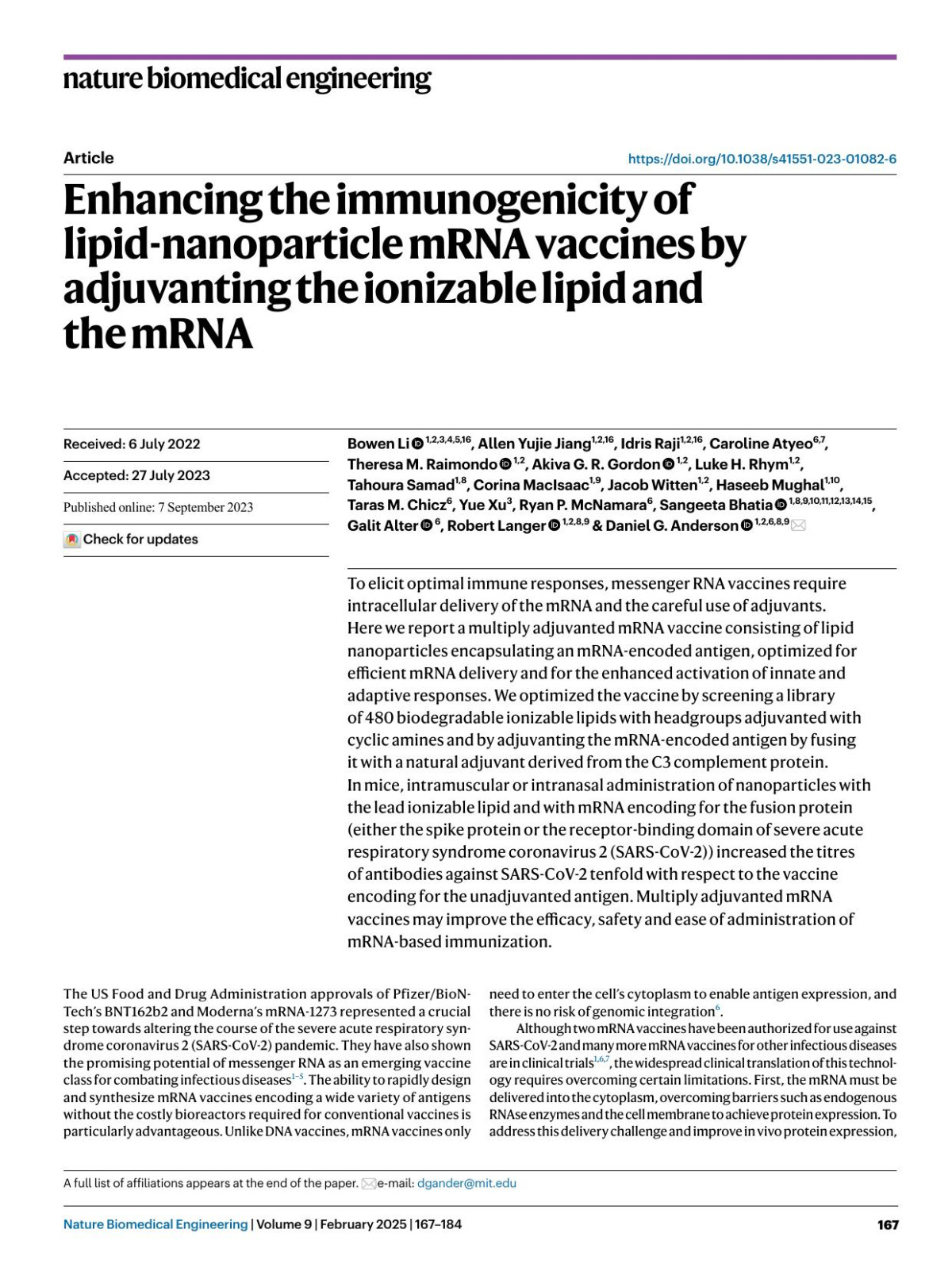 Enhancing The Immunogenicity Of Lipidnanoparticle Mrna Vaccines By Adjuvanting The Ionizable Lipid And The Mrna Bowen Li Allen Yujie Jiang Idris Raji Caroline Atyeo Theresa M Raimondo Akiva G R Gordon Luke H Rhym Tahoura Samad Corina Macisaac Jacob Witten Haseeb Mughal Taras M Chicz Yue Xu Ryan P Mcnamara Sangeeta Bhatia Galit