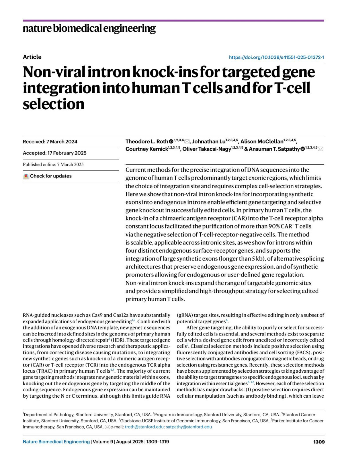 Nonviral Intron Knockins For Targeted Gene Integration Into Human T Cells And For Tcell Selection Theodore L Roth Johnathan Lu Alison Mcclellan Courtney Kernick Oliver Takacsinagy Ansuman T Satpathy