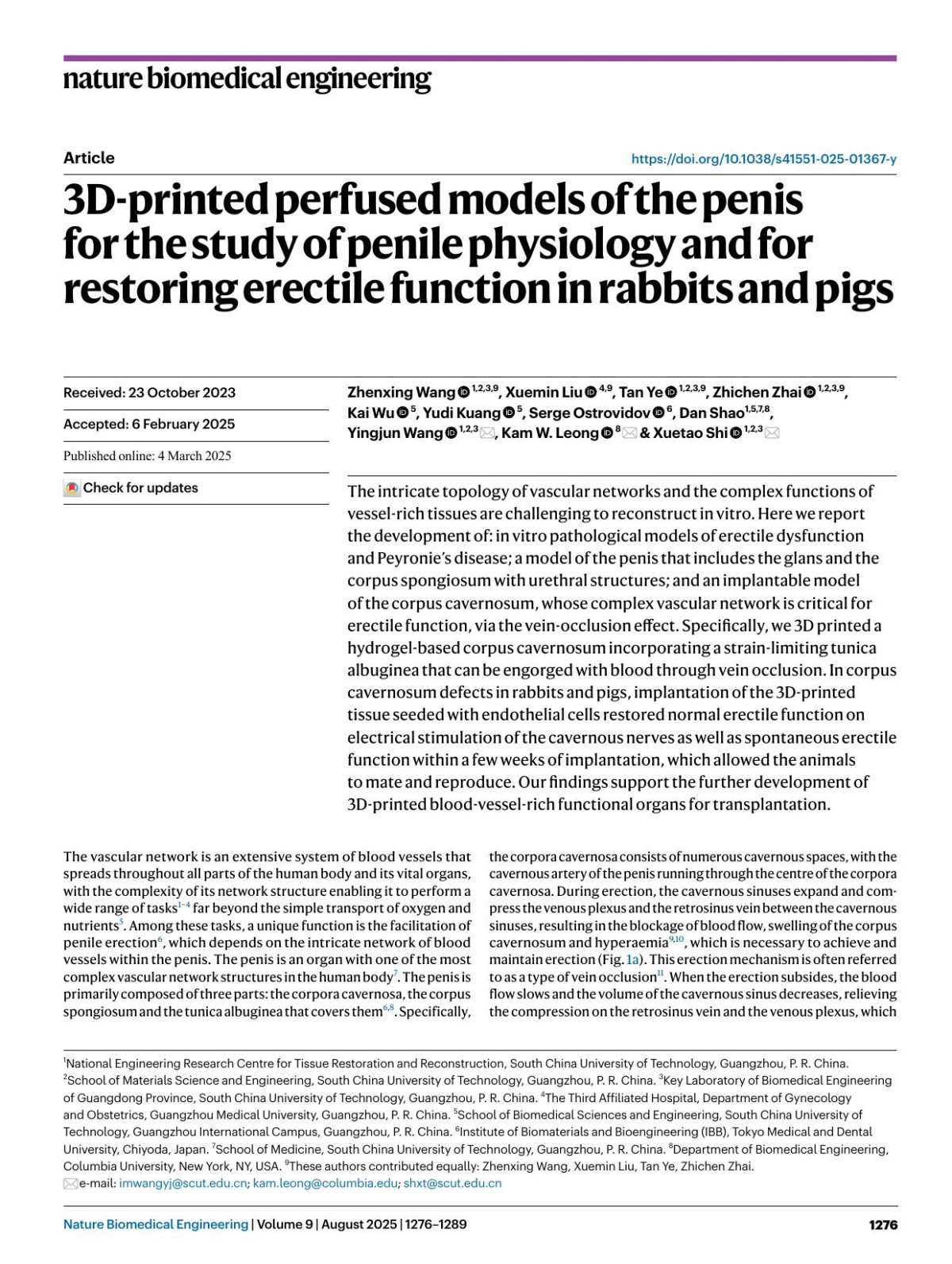 3dprinted Perfused Models Of The Penis For The Study Of Penile Physiology And For Restoring Erectile Function In Rabbits And Pigs Zhenxing Wang Xuemin Liu Tan Ye Zhichen Zhai Kai Wu Yudi Kuang Serge Ostrovidov Dan Shao Yingjun Wang Kam W Leong Xuetao Shi