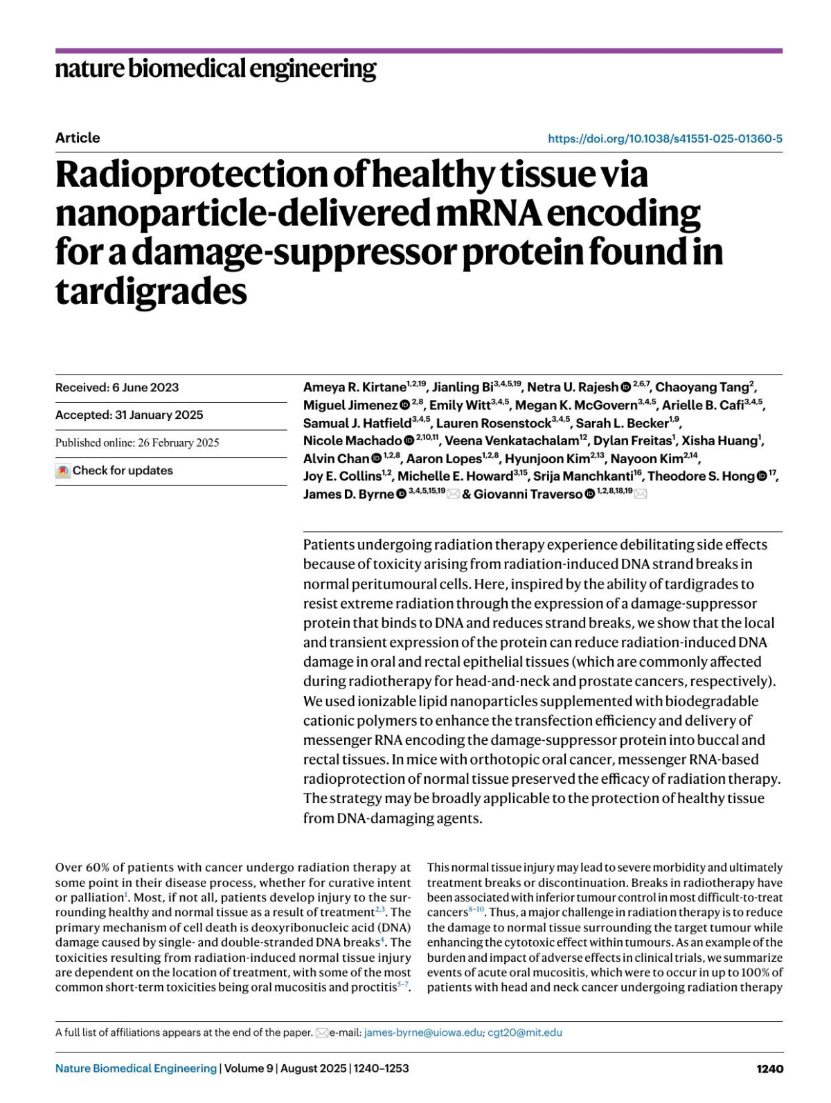 Radioprotection Of Healthy Tissue Via Nanoparticledelivered Mrna Encoding For A Damagesuppressor Protein Found In Tardigrades Ameya R Kirtane Jianling Bi Netra U Rajesh Chaoyang Tang Miguel Jimenez Emily Witt Megan K Mcgovern Arielle B Cafi Samual J Hatfield Lauren Rosenstock Sarah L Becker Nicole Machado Veena Venkatachalam Dylan Freitas