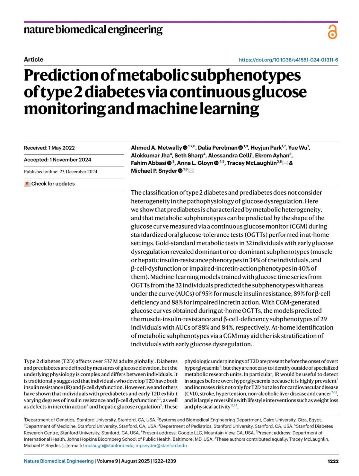 Prediction Of Metabolic Subphenotypes Of Type 2 Diabetes Via Continuous Glucose Monitoring And Machine Learning Ahmed A Metwally Dalia Perelman Heyjun Park Yue Wu Alokkumar Jha Seth Sharp Alessandra Celli Ekrem Ayhan Fahim Abbasi Anna L Gloyn Tracey Mclaughlin Michael P Snyder