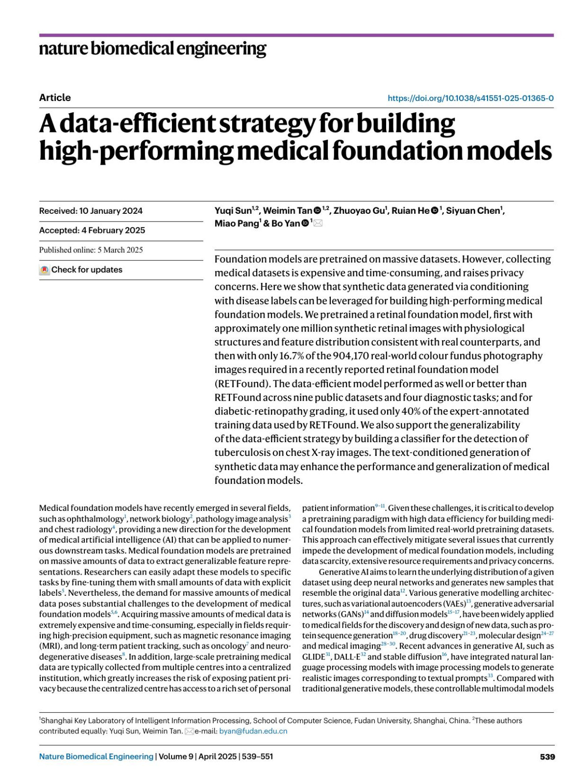 A Dataefficient Strategy For Building Highperforming Medical Foundation Models Yuqi Sun Weimin Tan Zhuoyao Gu Ruian He Siyuan Chen Miao Pang Bo Yan