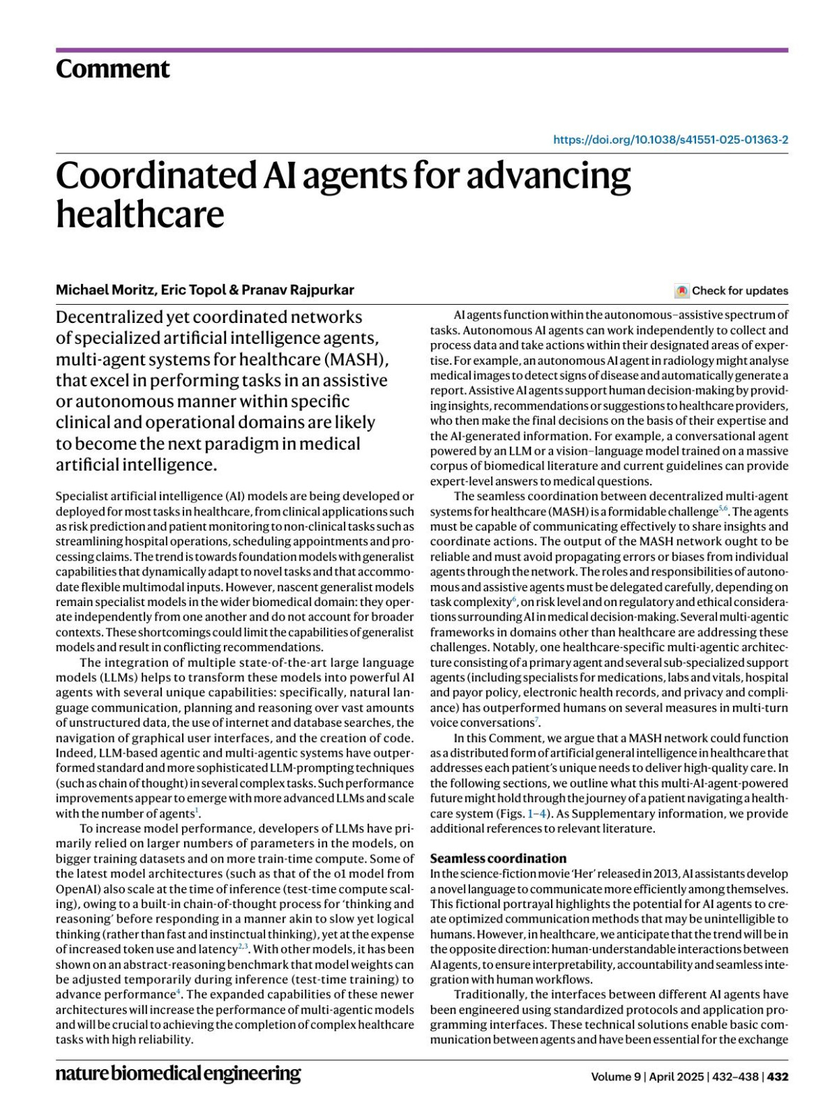 Coordinated Ai Agents For Advancing Healthcare Michael Moritz Eric Topol Pranav Rajpurkar