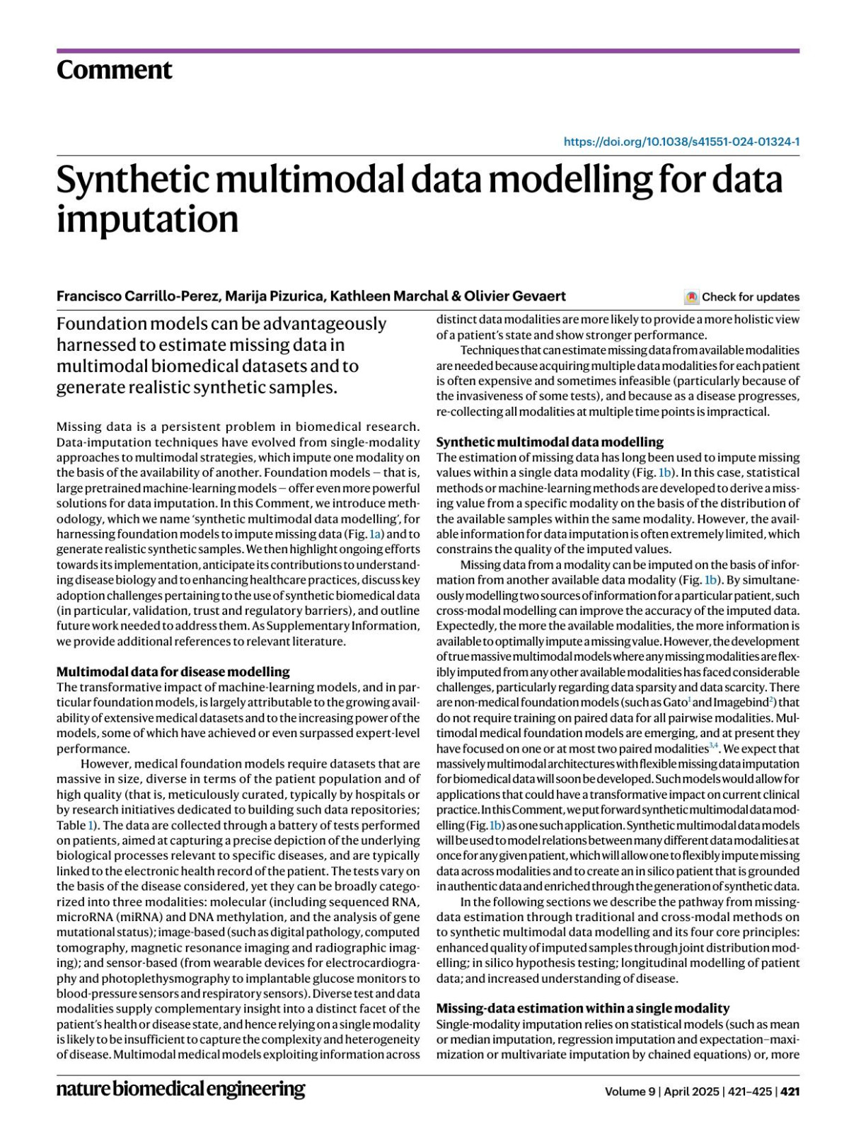 Synthetic Multimodal Data Modelling For Data Imputation Francisco Carrilloperez Marija Pizurica Kathleen Marchal Olivier Gevaert