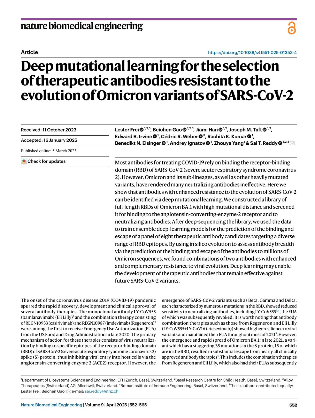 Deep Mutational Learning For The Selection Of Therapeutic Antibodies Resistant To The Evolution Of Omicron Variants Of Sarscov2 Lester Frei Beichen Gao Jiami Han Joseph M Taft Edward B Irvine Cédric R Weber Rachita K Kumar Benedikt N Eisinger Andrey Ignatov Zhouya Yang Sai T Reddy