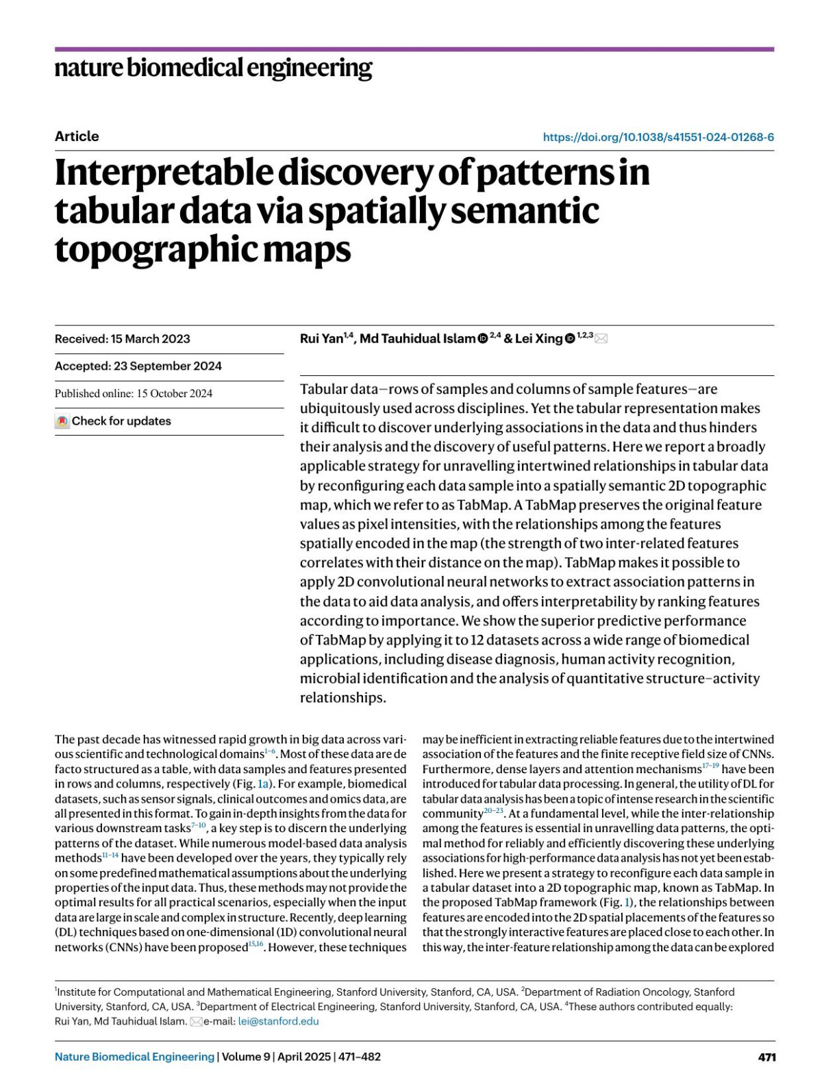 Interpretable Discovery Of Patterns In Tabular Data Via Spatially Semantic Topographic Maps Rui Yan Md Tauhidual Islam Lei Xing