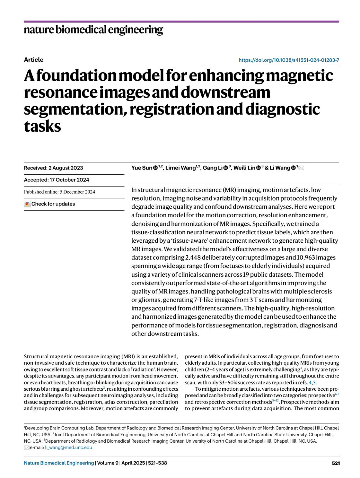A Foundation Model For Enhancing Magnetic Resonance Images And Downstream Segmentation Registration And Diagnostic Tasks Yue Sun Limei Wang Gang Li Weili Lin Li Wang
