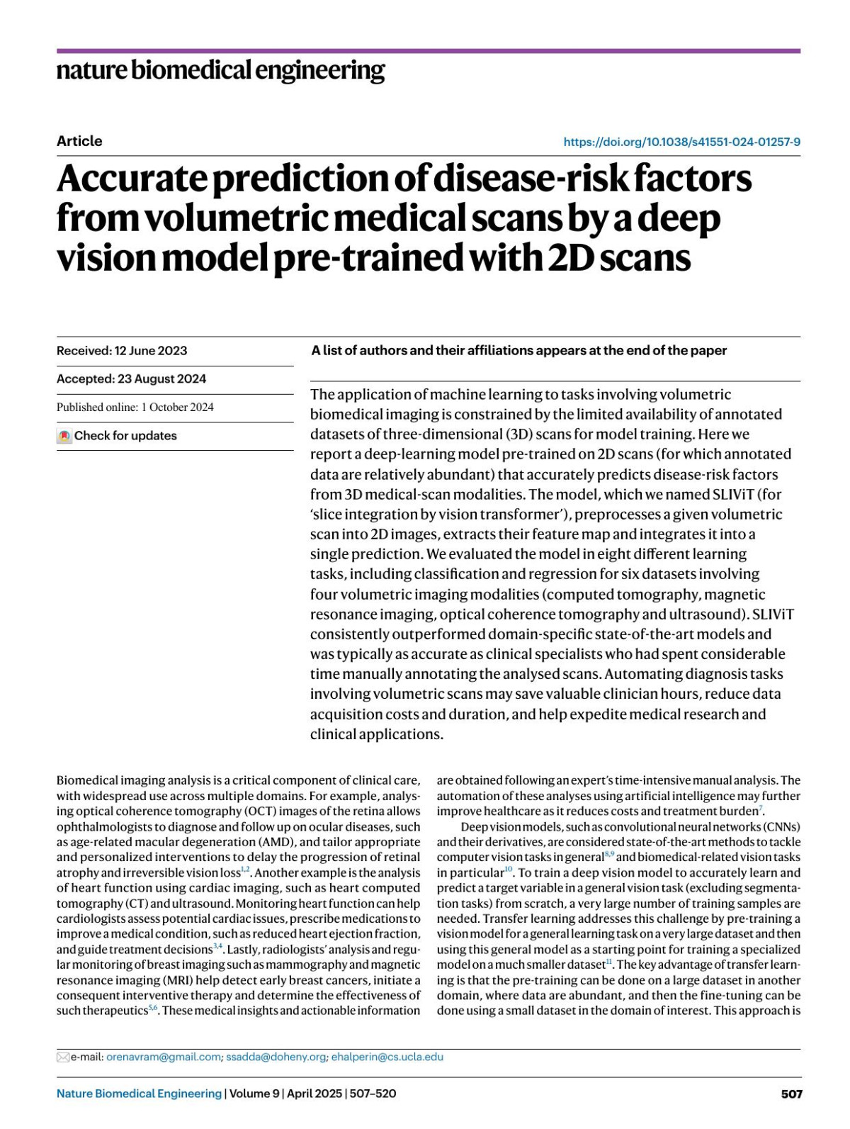 Accurate Prediction Of Diseaserisk Factors From Volumetric Medical Scans By A Deep Vision Model Pretrained With 2d Scans Oren Avram Berkin Durmus Nadav Rakocz Giulia Corradetti Ulzee An Muneeswar G Nittala Prerit Terway Akos Rudas Zeyuan Johnson Chen Yu Wakatsuki Kazutaka Hirabayashi Swetha Velaga Liran Tiosano Federico Corvi Aditya Verma