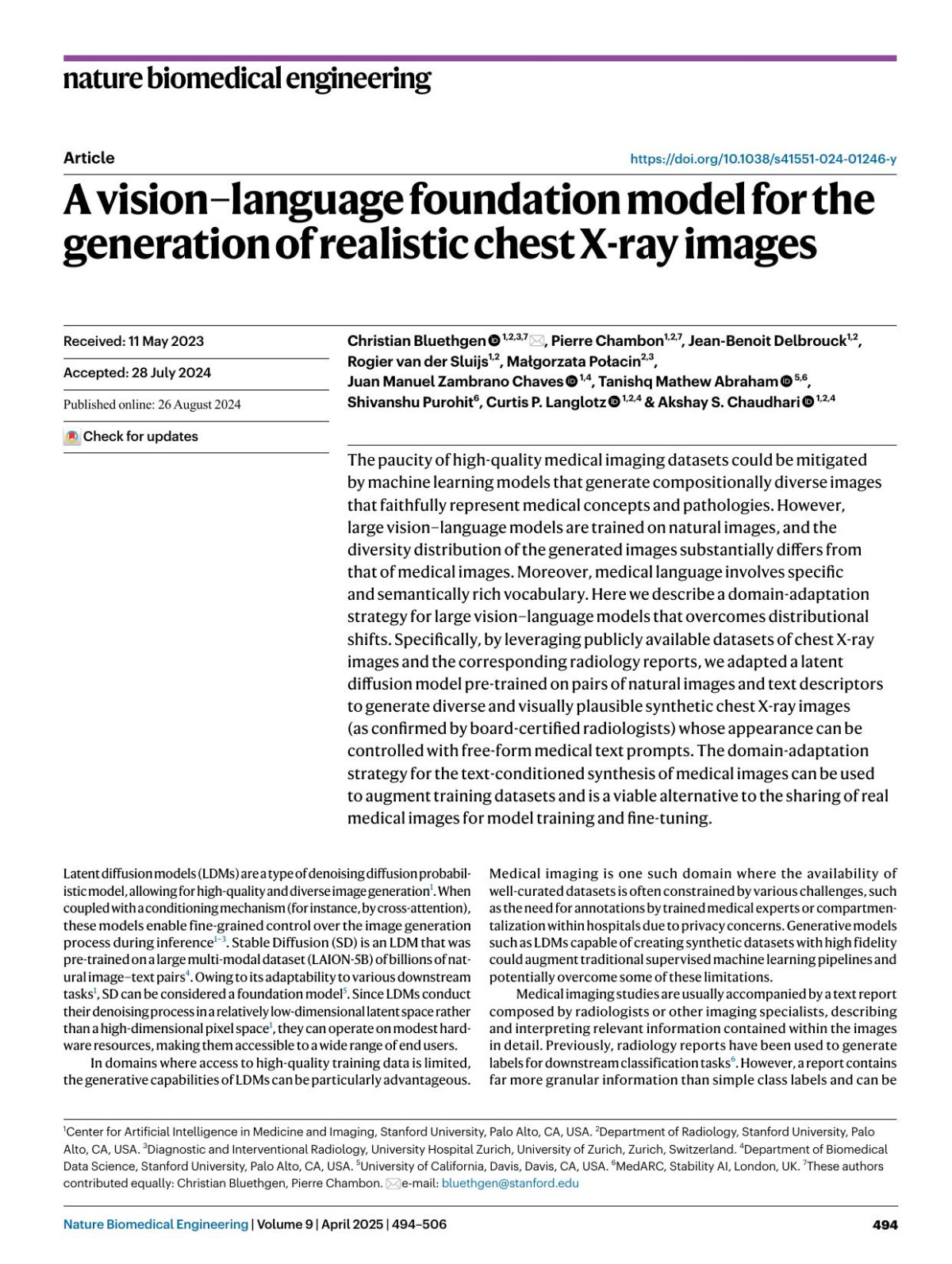 A Visionlanguage Foundation Model For The Generation Of Realistic Chest Xray Images Christian Bluethgen Pierre Chambon Jeanbenoit Delbrouck Rogier Sluijs Małgorzata Połacin Juan Manuel Zambrano Chaves Tanishq Mathew Abraham Shivanshu Purohit Curtis P Langlotz Akshay S Chaudhari