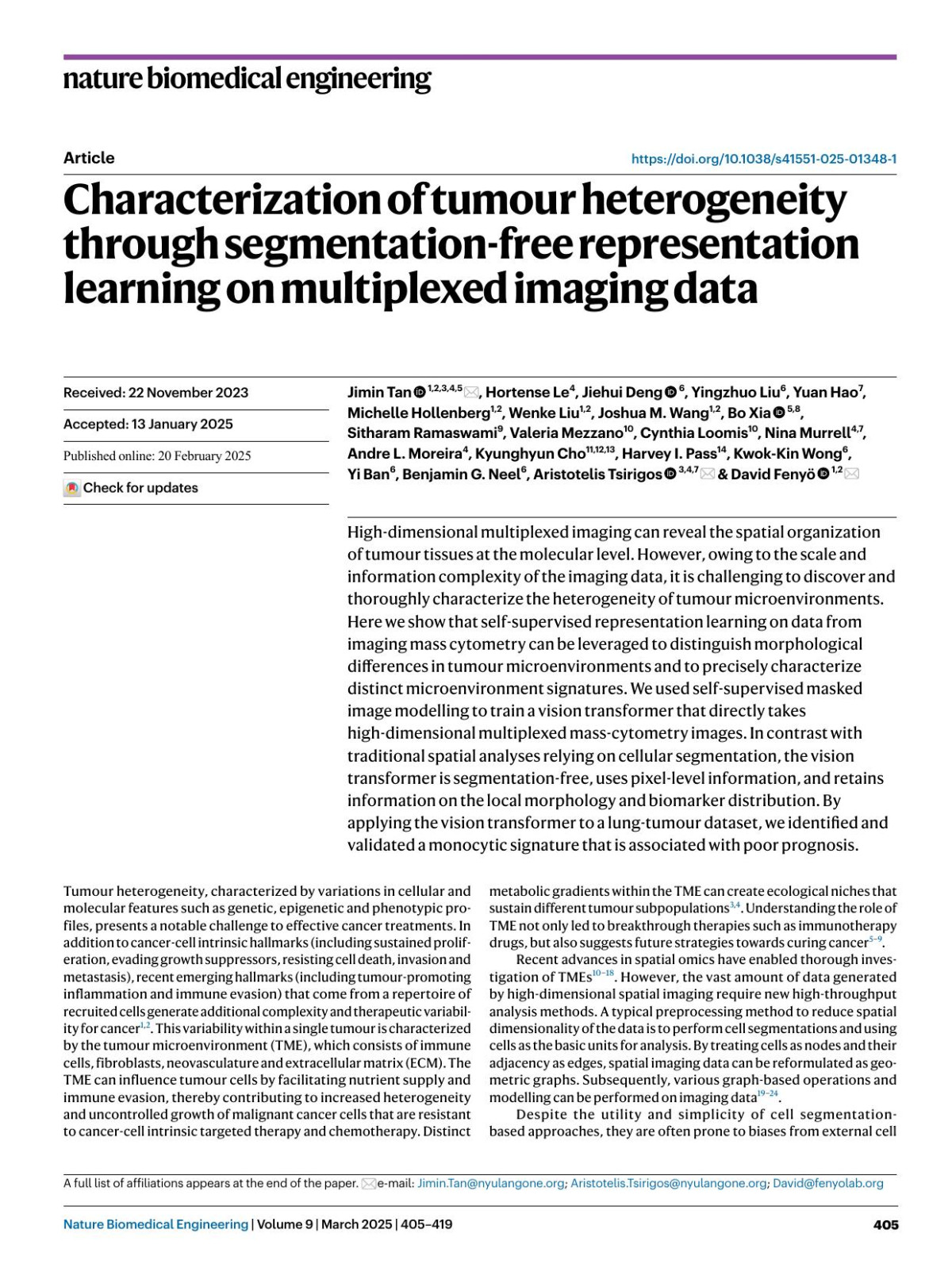 Characterization Of Tumour Heterogeneity Through Segmentationfree Representation Learning On Multiplexed Imaging Data Jimin Tan Hortense Le Jiehui Deng Yingzhuo Liu Yuan Hao Michelle Hollenberg Wenke Liu Joshua M Wang Bo Xia Sitharam Ramaswami Valeria Mezzano Cynthia Loomis Nina Murrell Andre L Moreira Kyunghyun Cho Harvey I Pass