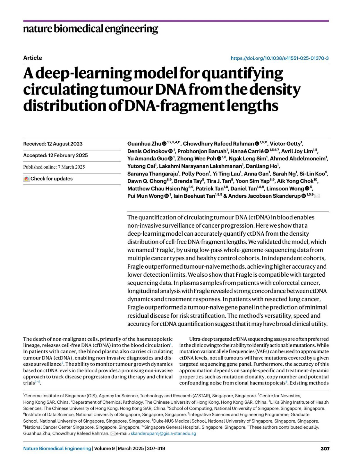 A Deeplearning Model For Quantifying Circulating Tumour Dna From The Density Distribution Of Dnafragment Lengths Guanhua Zhu Chowdhury Rafeed Rahman Victor Getty Denis Odinokov Probhonjon Baruah Hanaé Carrié Avril Joy Lim Yu Amanda Guo Zhong Wee Poh Ngak Leng Sim Ahmed Abdelmoneim Yutong Cai Lakshmi Narayanan Lakshmanan Danliang Ho