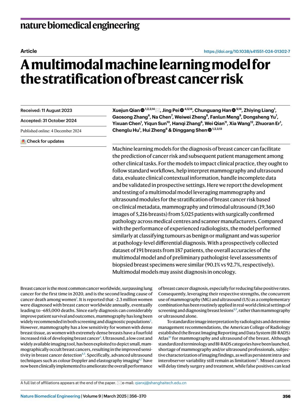 A Multimodal Machine Learning Model For The Stratification Of Breast Cancer Risk Xuejun Qian Jing Pei Chunguang Han Zhiying Liang Gaosong Zhang Na Chen Weiwei Zheng Fanlun Meng Dongsheng Yu Yixuan Chen Yiqun Sun Hanqi Zhang Wei Qian Xia Wang Zhuoran Er Chenglu Hu Hui Zheng Dinggang Shen
