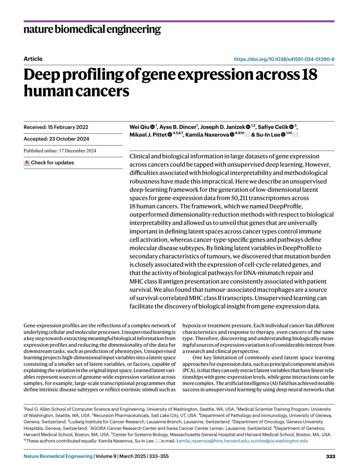Deep Profiling Of Gene Expression Across 18 Human Cancers Wei Qiu Ayse B Dincer Joseph D Janizek Safiye Celik Mikael J Pittet Kamila Naxerova Suin Lee