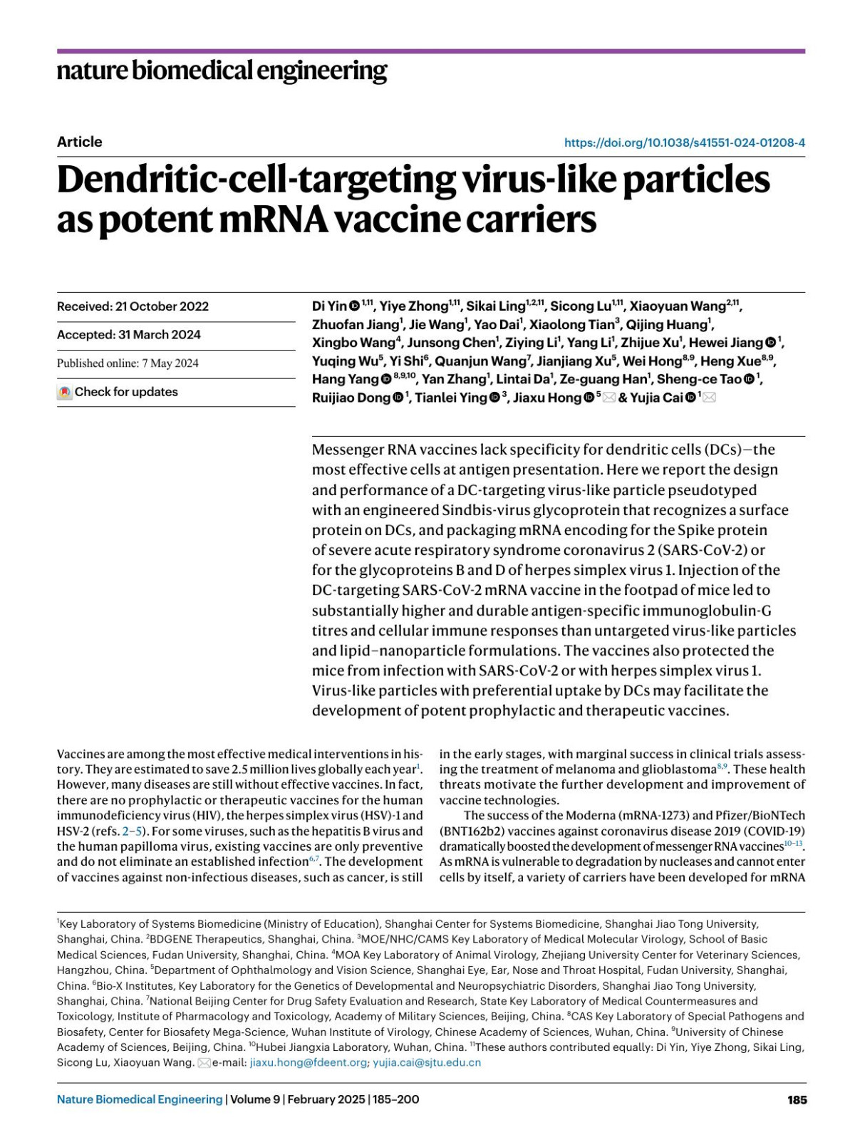 Dendriticcelltargeting Viruslike Particles As Potent Mrna Vaccine Carriers Di Yin Yiye Zhong Sikai Ling Sicong Lu Xiaoyuan Wang Zhuofan Jiang Jie Wang Yao Dai Xiaolong Tian Qijing Huang Xingbo Wang Junsong Chen Ziying Li Yang Li Zhijue Xu Hewei Jiang Yuqing Wu Yi Shi Quanjun Wang