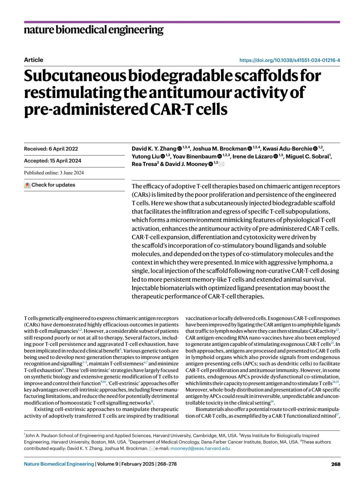 Subcutaneous Biodegradable Scaffolds For Restimulating The Antitumour Activity Of Preadministered Cart Cells David K Y Zhang Joshua M Brockman Kwasi Aduberchie Yutong Liu Yoav Binenbaum Irene Lázaro Miguel C Sobral Rea Tresa David J Mooney