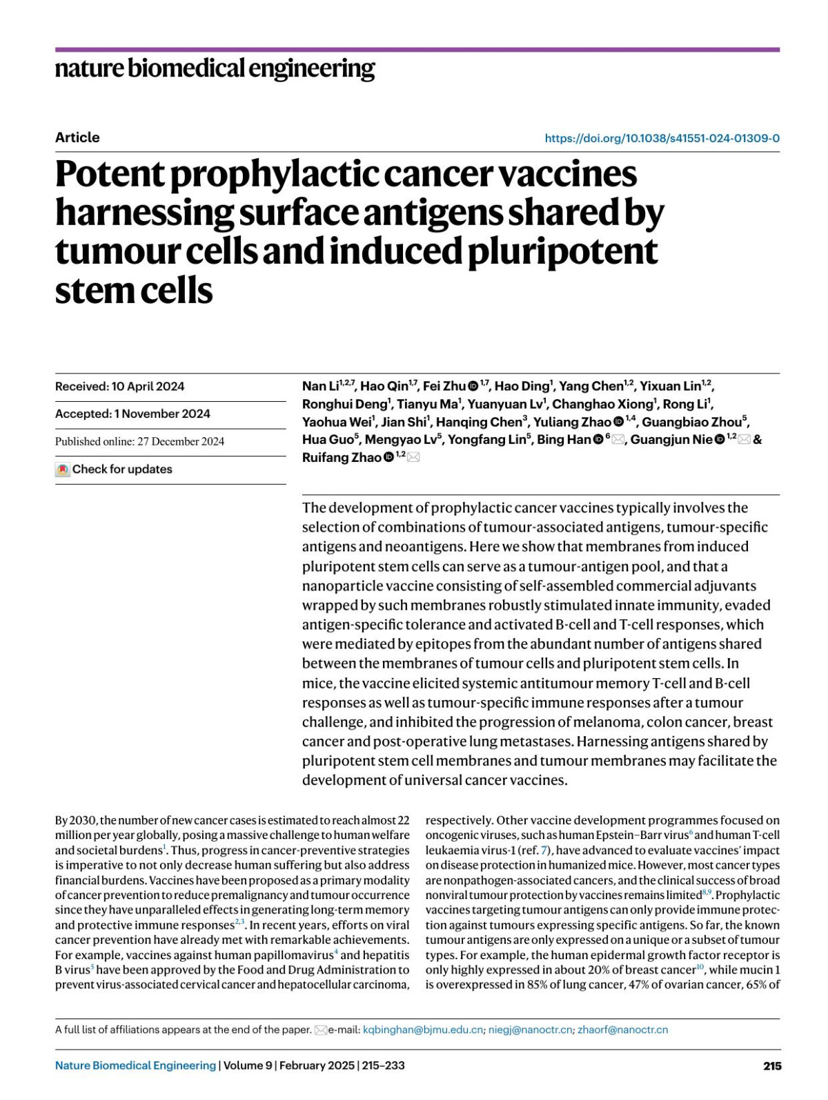 Potent Prophylactic Cancer Vaccines Harnessing Surface Antigens Shared By Tumour Cells And Induced Pluripotent Stem Cells Nan Li Hao Qin Fei Zhu Hao Ding Yang Chen Yixuan Lin Ronghui Deng Tianyu Ma Yuanyuan Lv Changhao Xiong Rong Li Yaohua Wei Jian Shi Hanqing Chen Yuliang Zhao Guangbiao Zhou Hua Guo Mengyao Lv Yongfang Lin Bing Han
