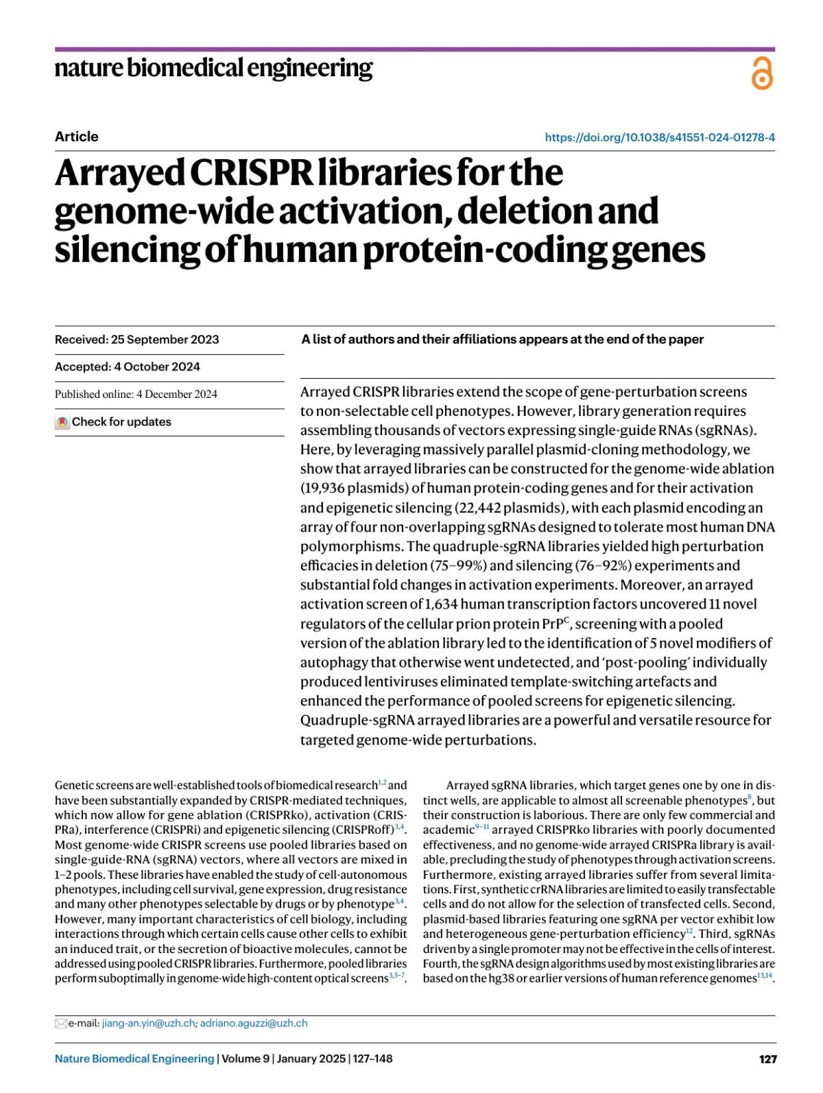 Arrayed Crispr Libraries For The Genomewide Activation Deletion And Silencing Of Human Proteincoding Genes Jiangan Yin Lukas Frick Manuel C Scheidmann Tingting Liu Chiara Trevisan Ashutosh Dhingra Anna Spinelli Yancheng Wu Longping Yao Dalila Laura Vena Britta Knapp Jingjing Guo Elena De Cecco Kathi Ging Andrea Armani Edward