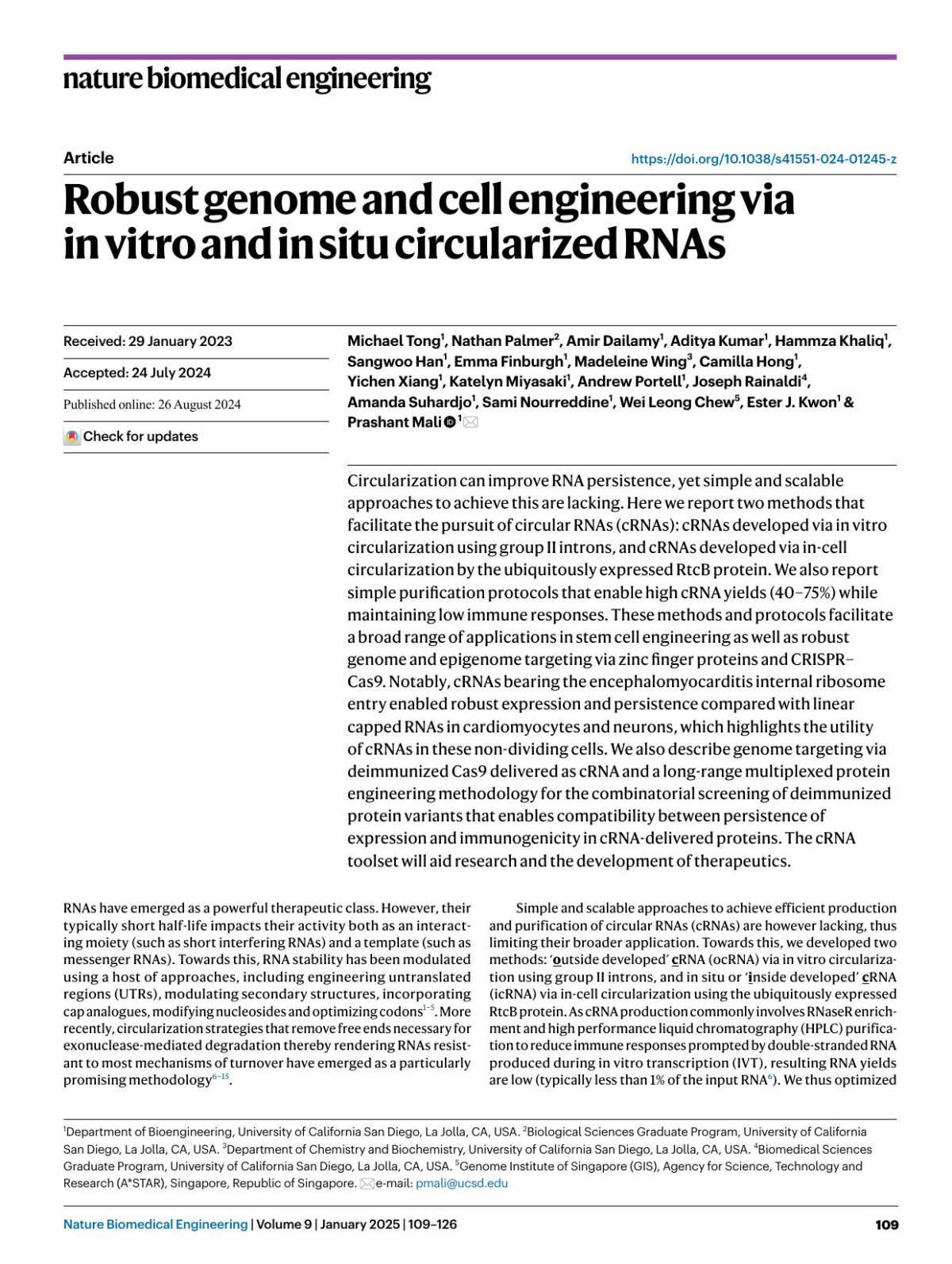 Robust Genome And Cell Engineering Via In Vitro And In Situ Circularized Rnas Michael Tong Nathan Palmer Amir Dailamy Aditya Kumar Hammza Khaliq Sangwoo Han Emma Finburgh Madeleine Wing Camilla Hong Yichen Xiang Katelyn Miyasaki Andrew Portell Joseph Rainaldi Amanda Suhardjo Sami Nourreddine Wei
