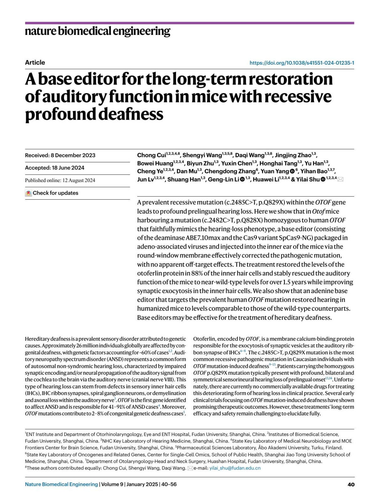 A Base Editor For The Longterm Restoration Of Auditory Function In Mice With Recessive Profound Deafness Chong Cui Shengyi Wang Daqi Wang Jingjing Zhao Bowei Huang Biyun Zhu Yuxin Chen Honghai Tang Yu Han Cheng Ye Dan Mu Chengdong Zhang Yuan Yang Yihan Bao Jun Lv Shuang Han Genglin Li Huawei Li Yilai Shu
